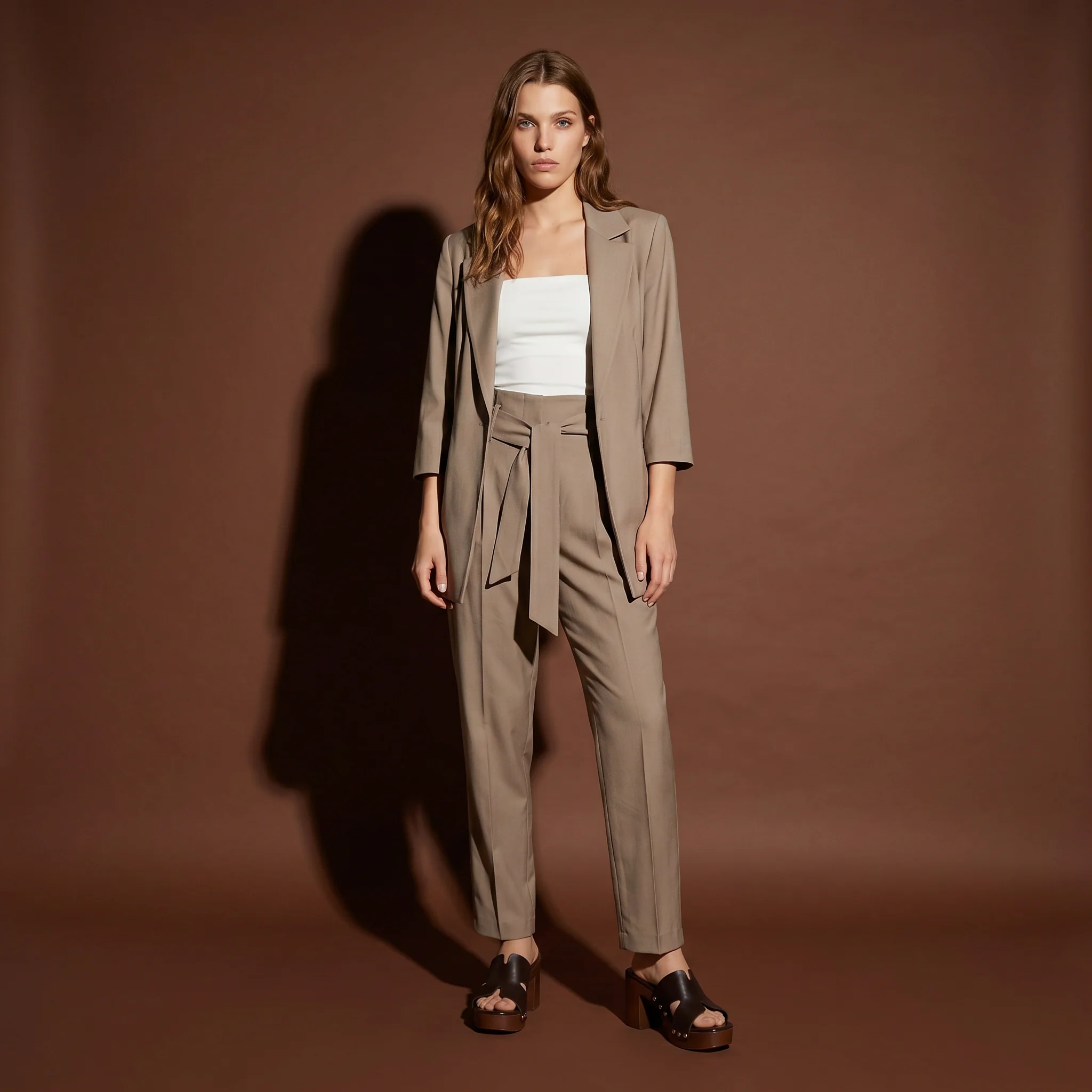 Pantaloni alla Caviglia con Cintura Vita - Grigio fango - Image 3
