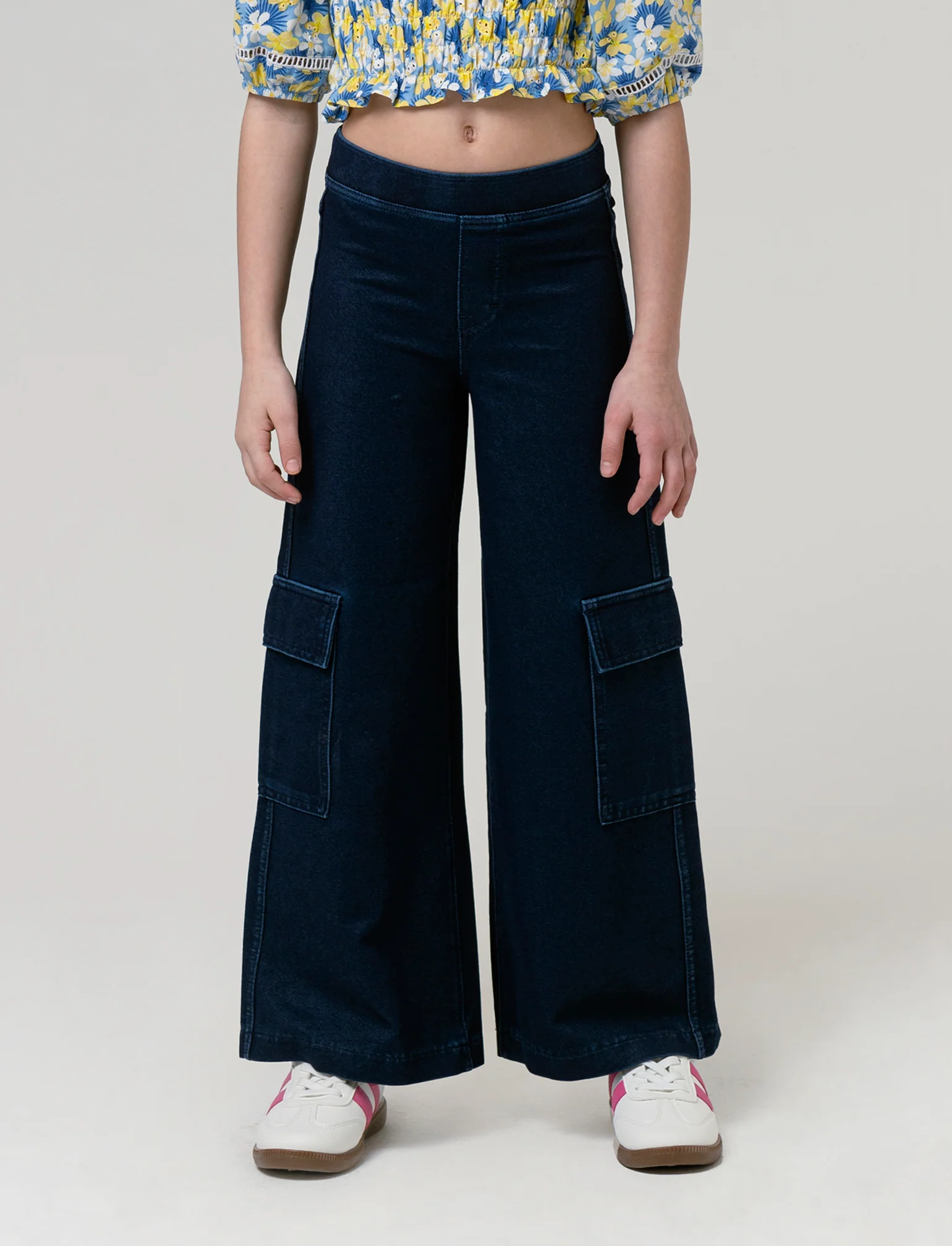 Pantaloni cargo gamba larga effetto denim da bambina - Denim
