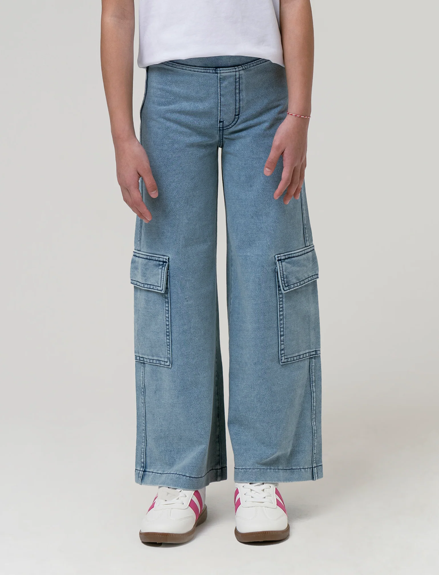 Pantaloni cargo gamba larga effetto denim da bambina - Denim chiaro