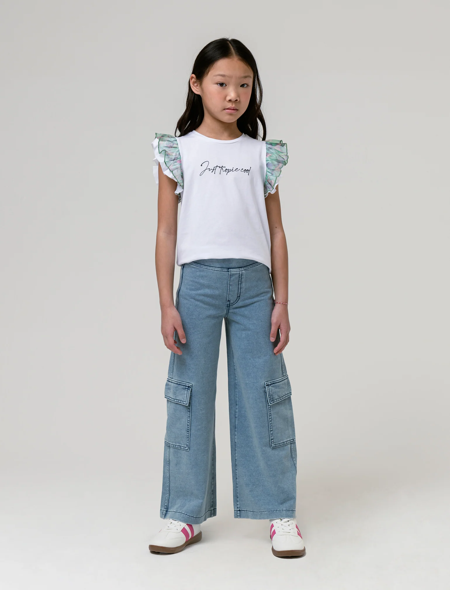 Pantaloni cargo gamba larga effetto denim da bambina - Denim chiaro - Image 3