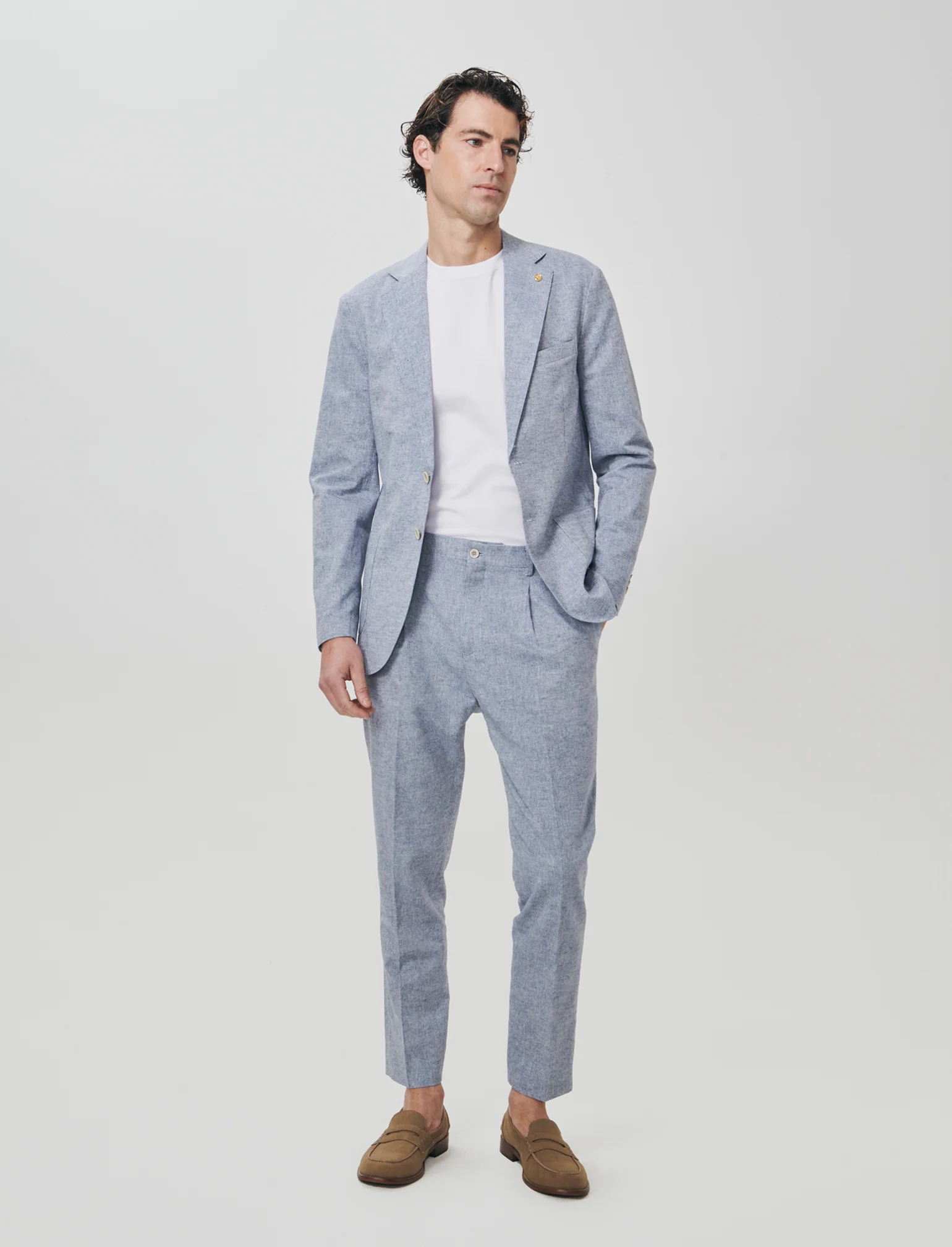Pantaloni Chino in Tessuto Misto Lino - Blu