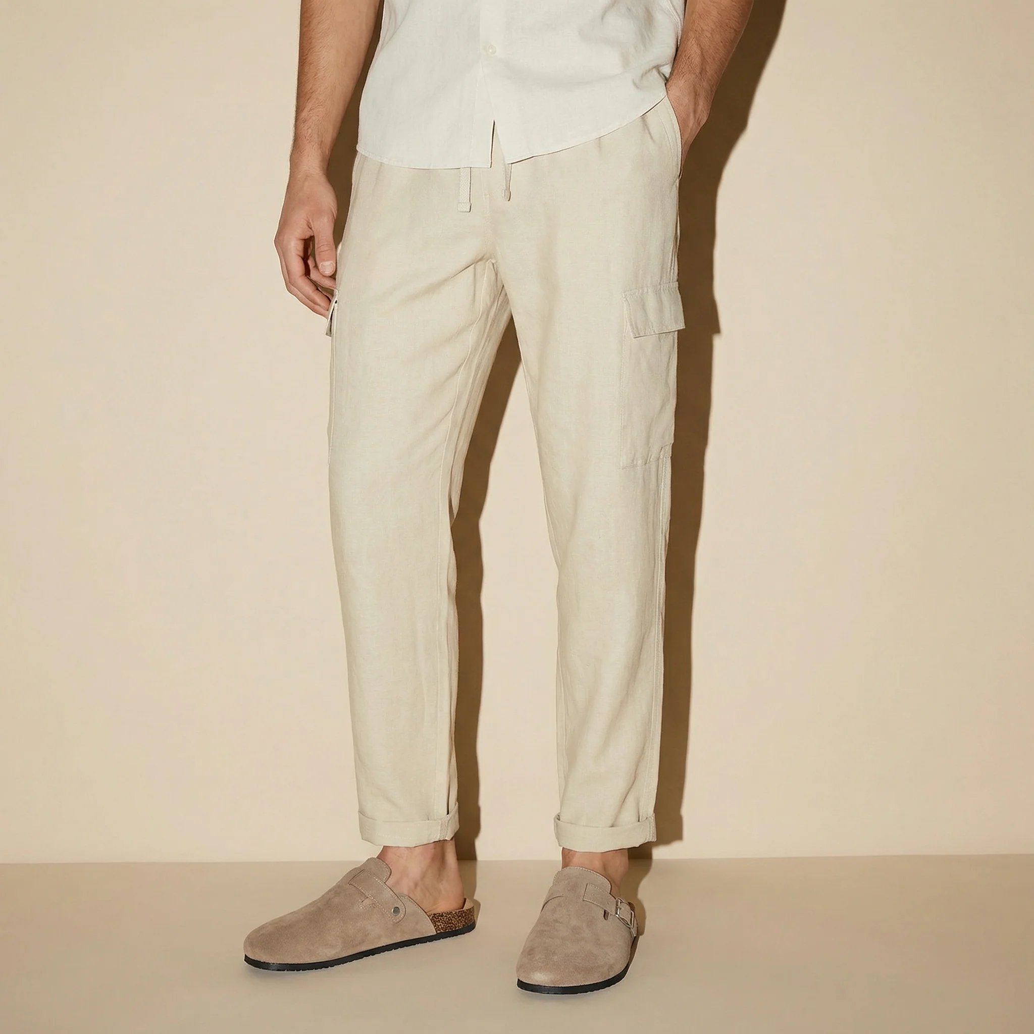 Pantaloni Chino Jogger Cargo Misto Lino - Beige ecru - Image 4