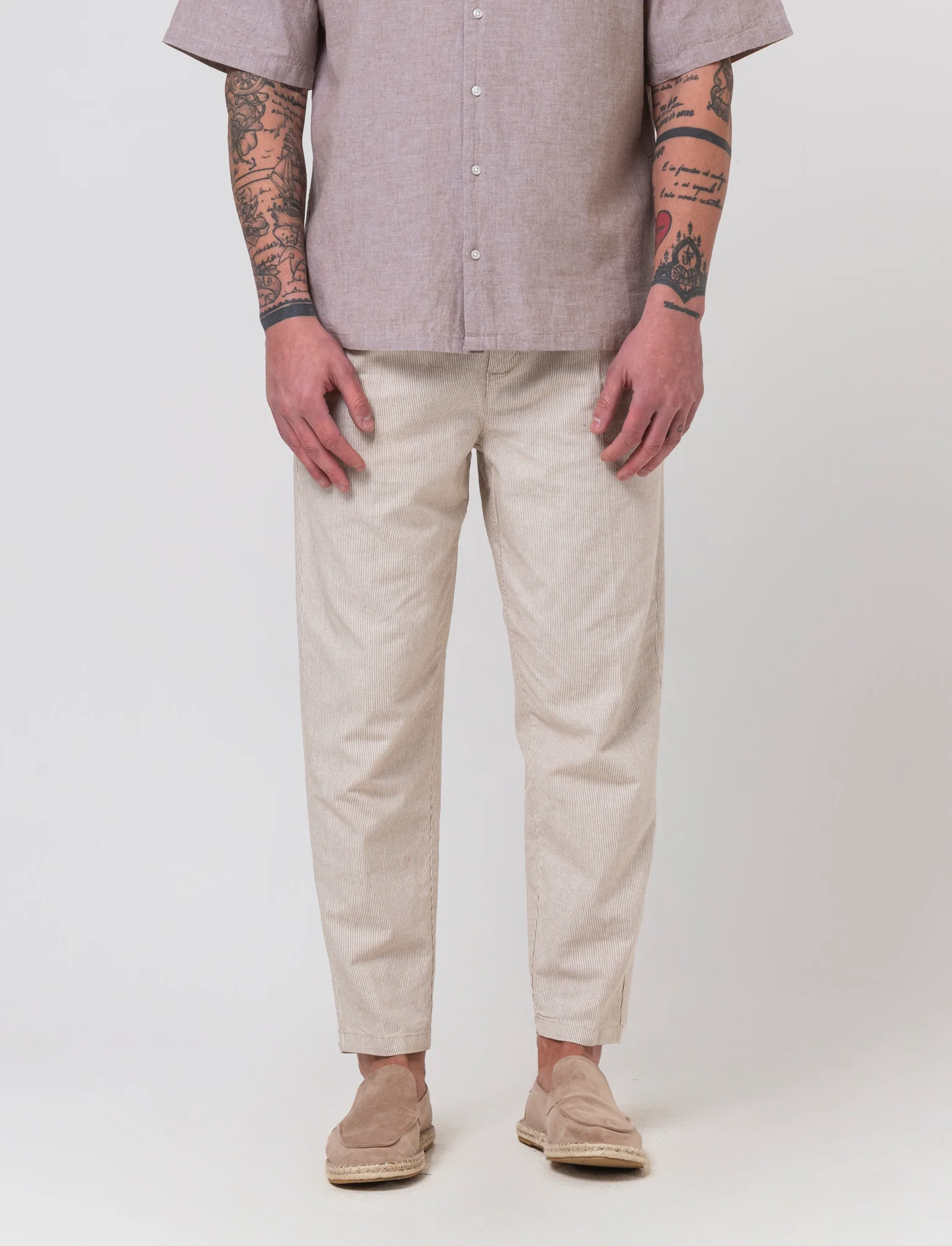 Pantaloni chino jogger misto lino a righe da uomo - Beige - Image 3