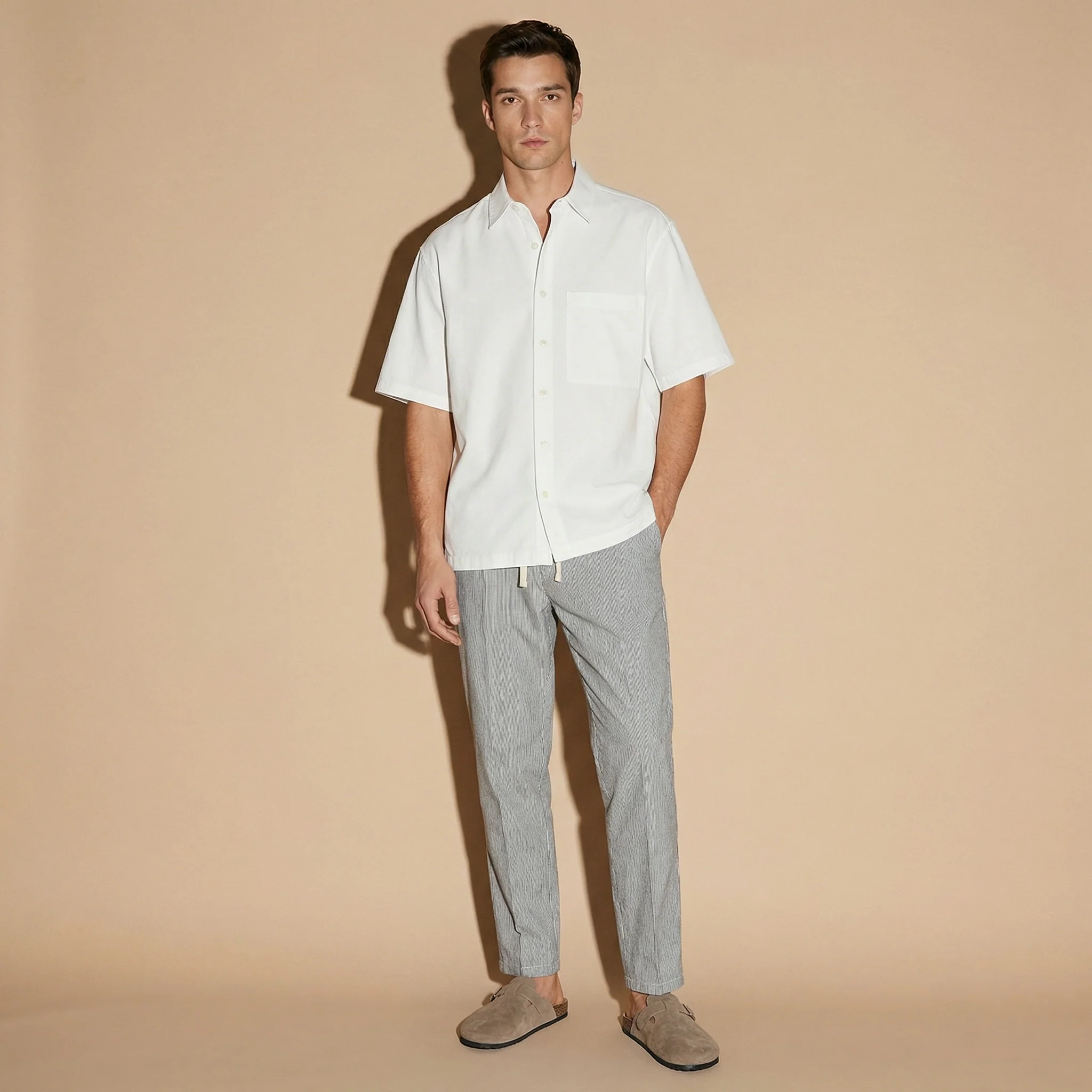 Pantaloni Chino Jogger Misto Lino Rigati - Blu - Image 3