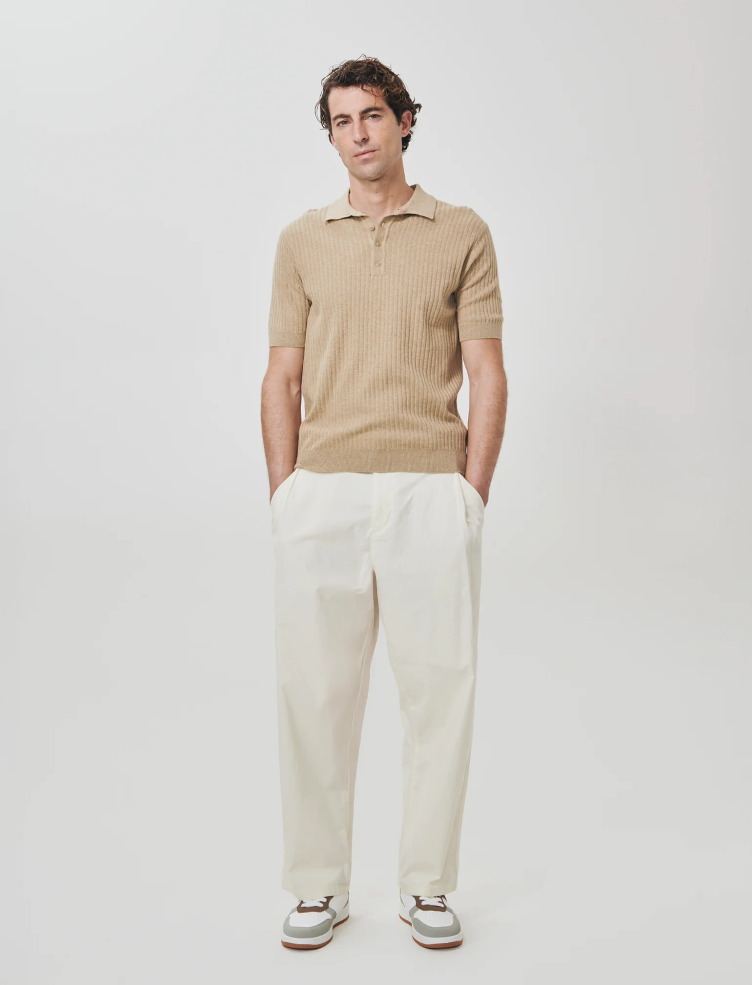 Pantaloni Chino Wide Leg in Popelin - Beige ecru - Image 3