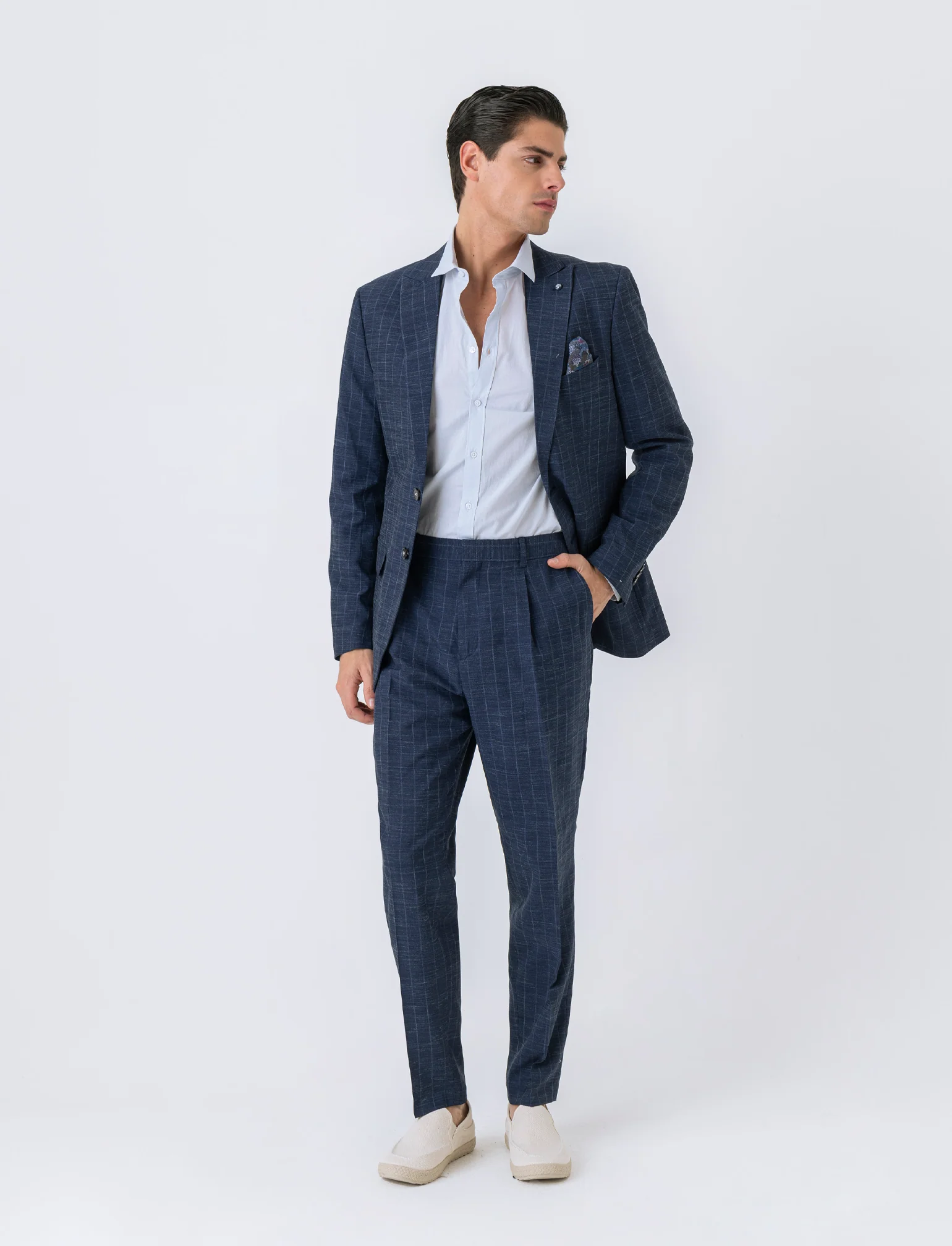 Pantaloni da completo gessato effetto slub da uomo - Blu melange - Image 3