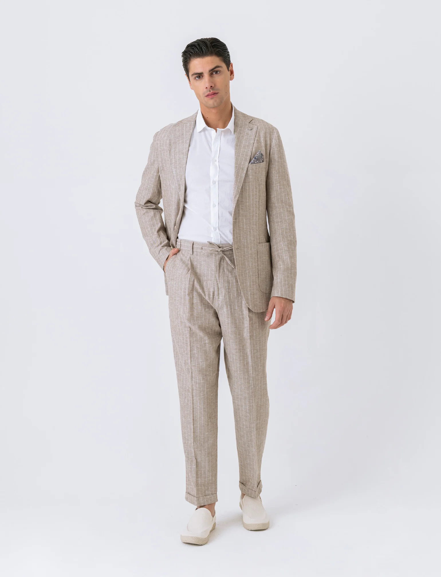 Pantaloni da completo tessuto linen blend da uomo - Beige - Image 3