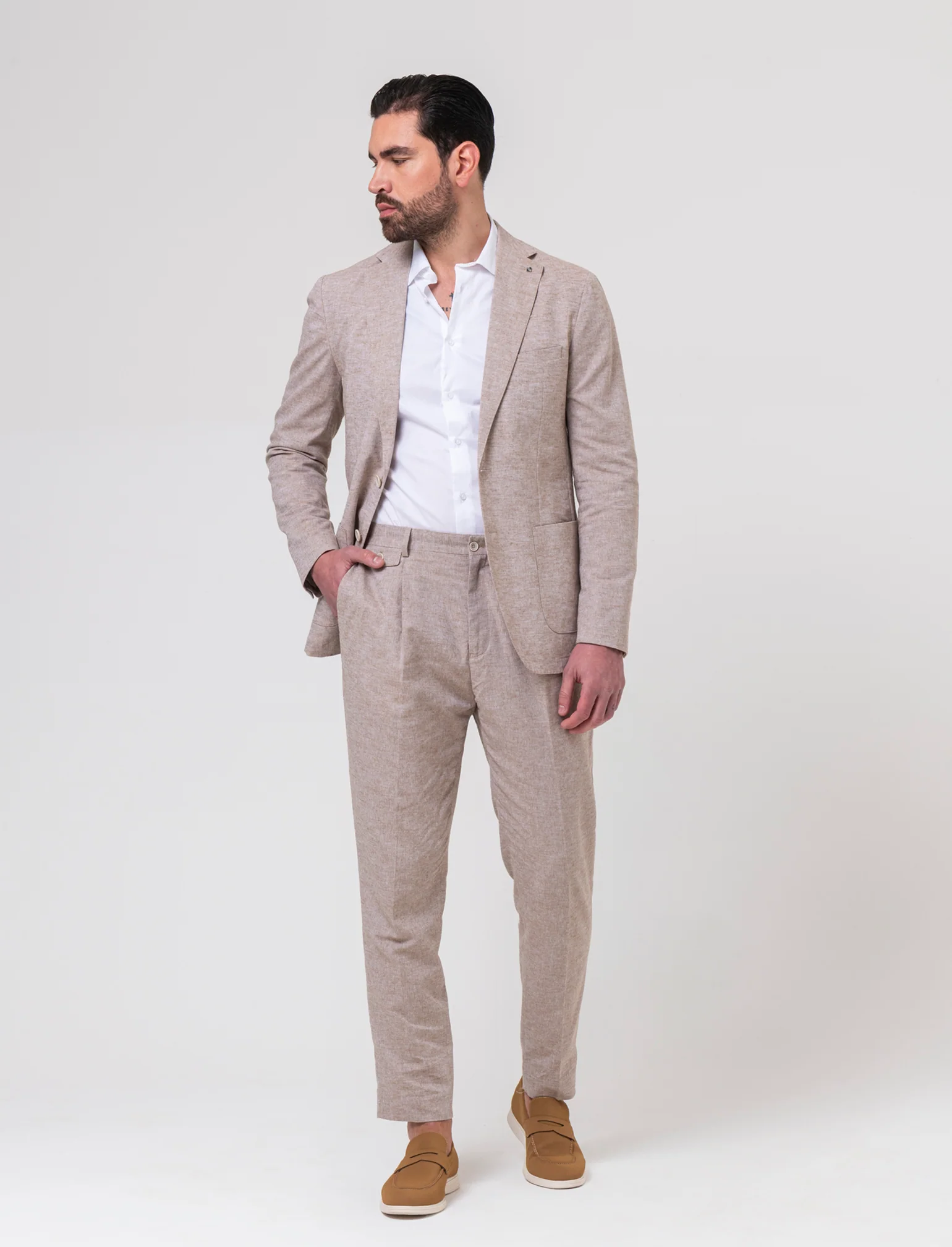 Pantaloni da completo tessuto misto lino da uomo - Grigio tortora - Image 3