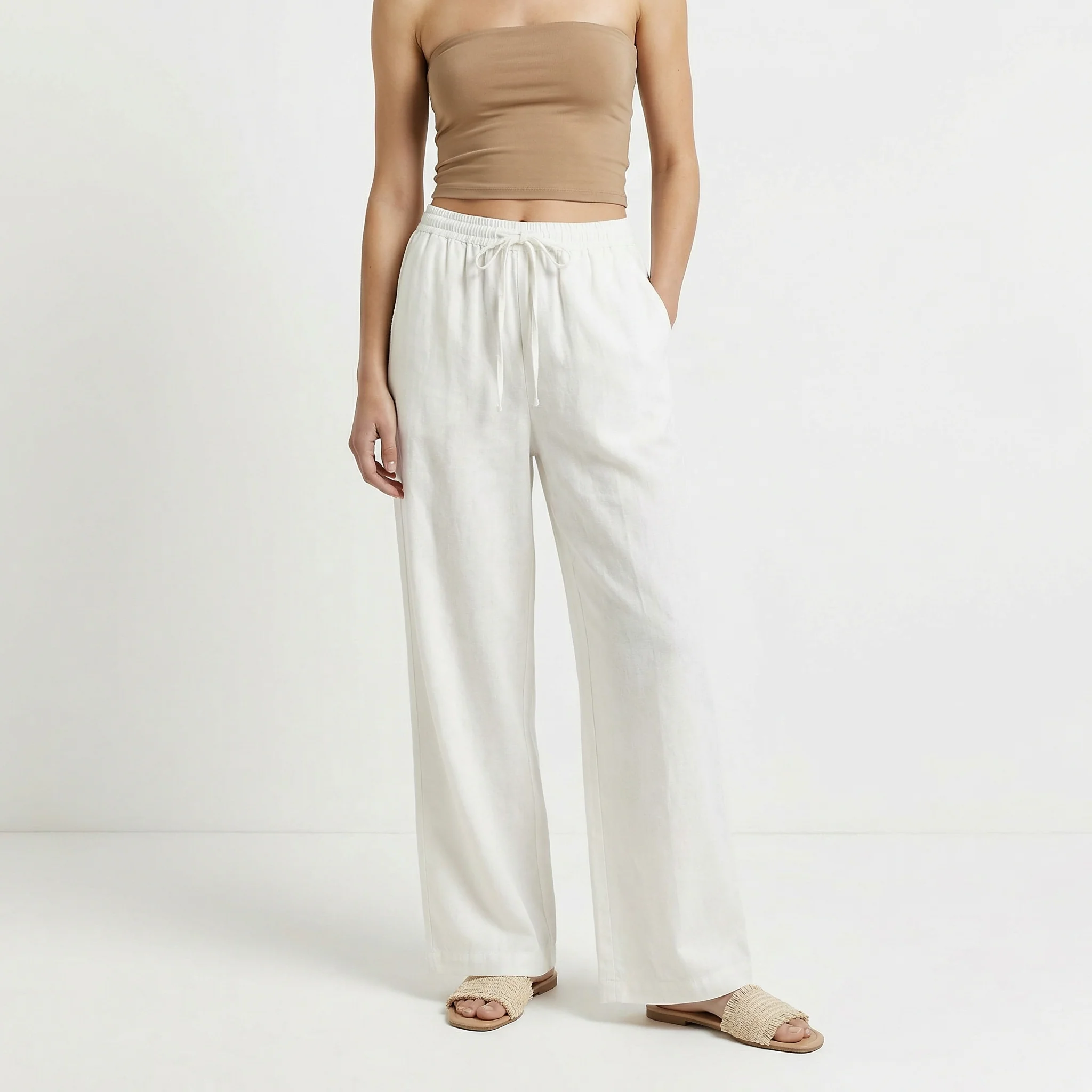 Pantaloni Elasticizzati con Coulisse e Tasche - Bianco - Image 3
