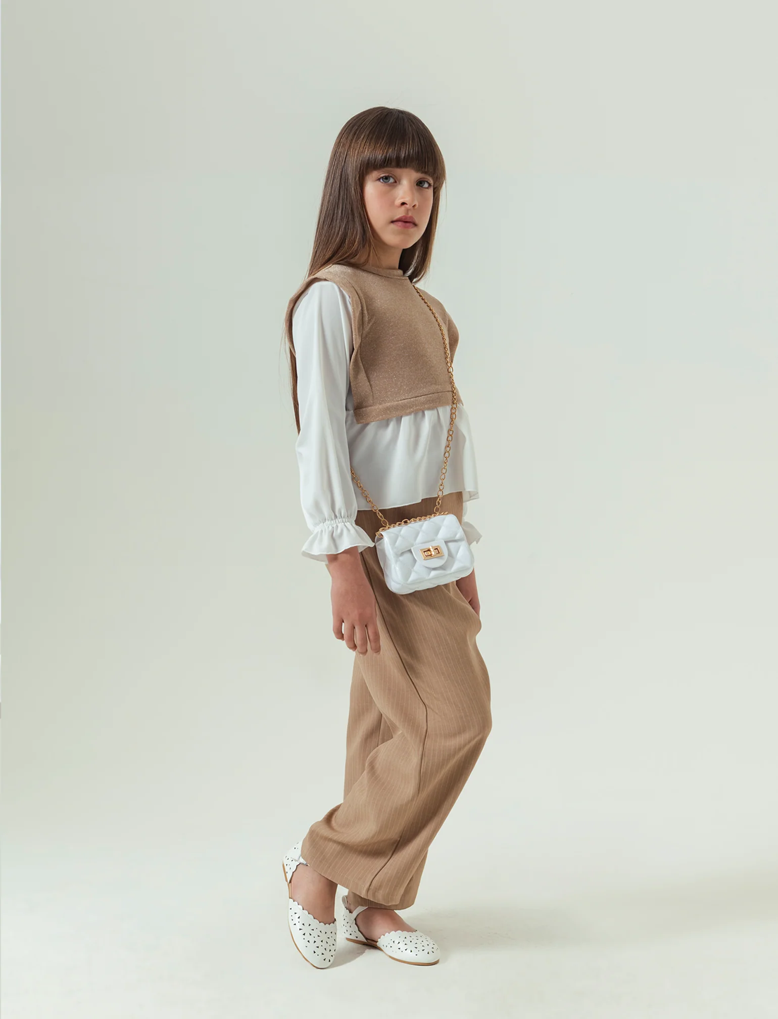 Pantaloni eleganti da bambina in tessuto gessato. - Beige - Image 3