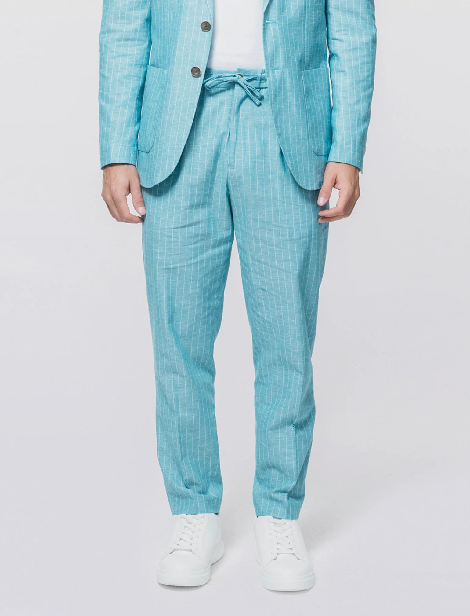 Pantaloni formal fit in linen blend rigato - Verde petrolio - Image 4
