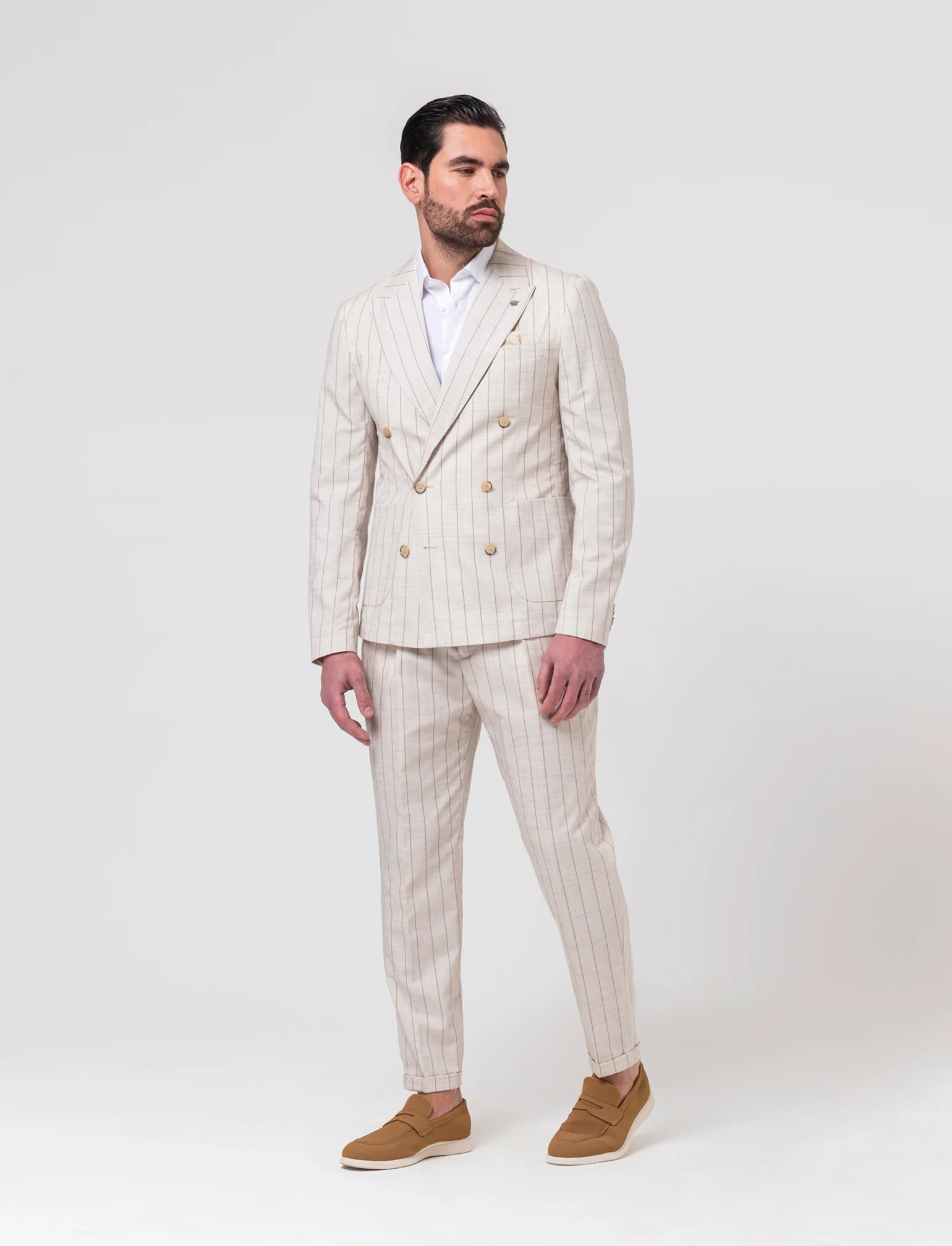Pantaloni gessati da completo formal fit da uomo - Beige ecru - Image 3