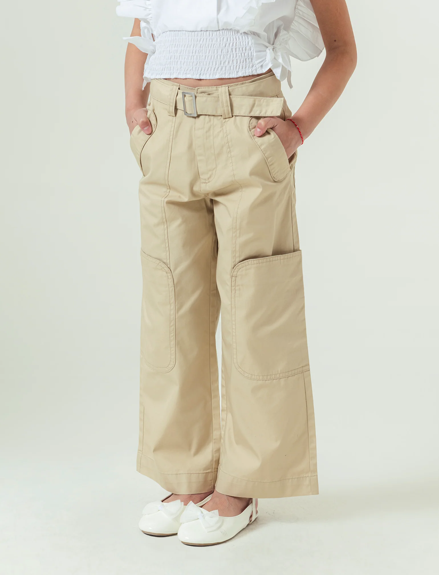 Pantaloni in twill gamba ampia. da bambina - Beige - Image 2