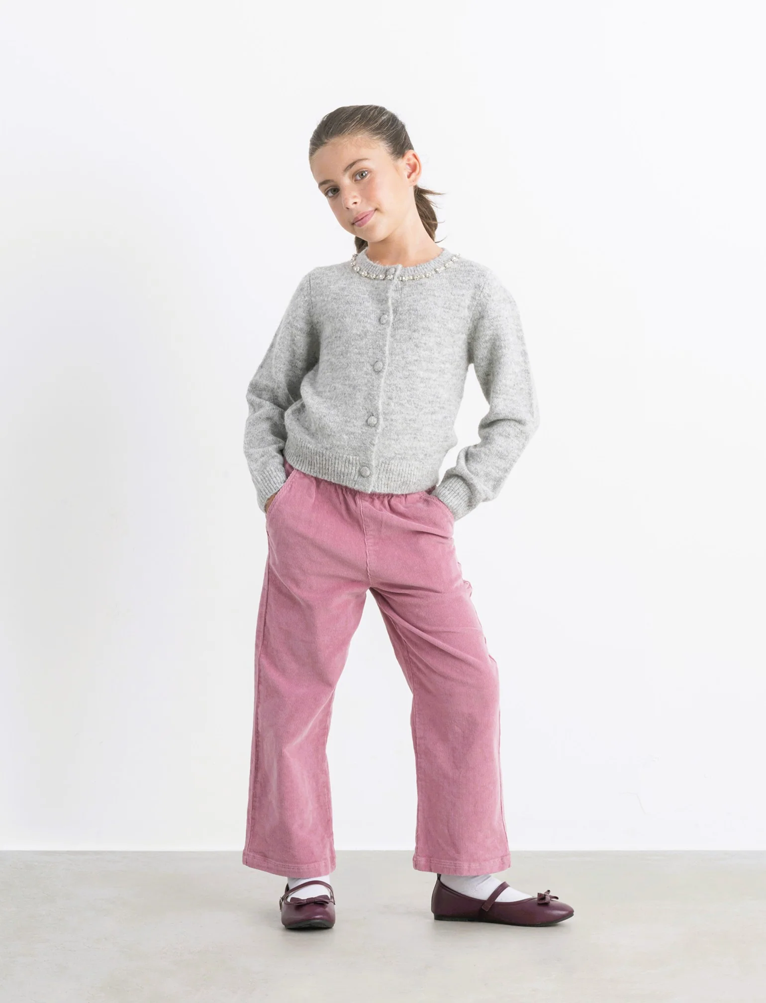 Pantaloni in velluto elastico a gamba larga. - Rosa cipolla - Image 3
