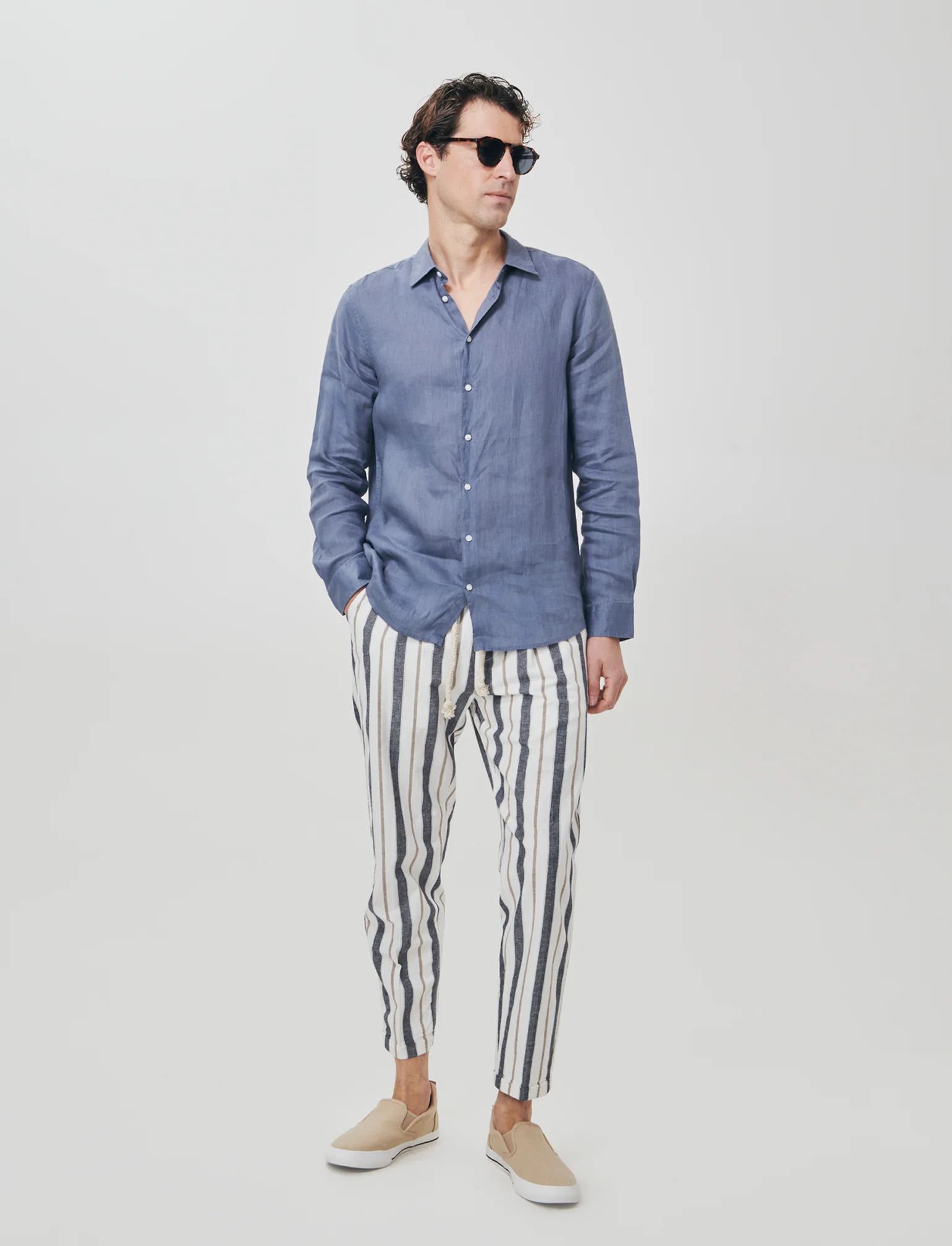 Pantaloni jogger a righe in misto lino - Blu - Image 3