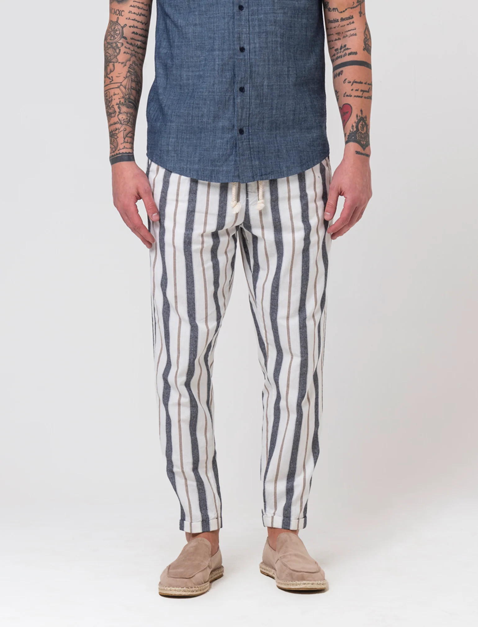 Pantaloni jogger a righe misto lino da uomo - Blu - Image 3