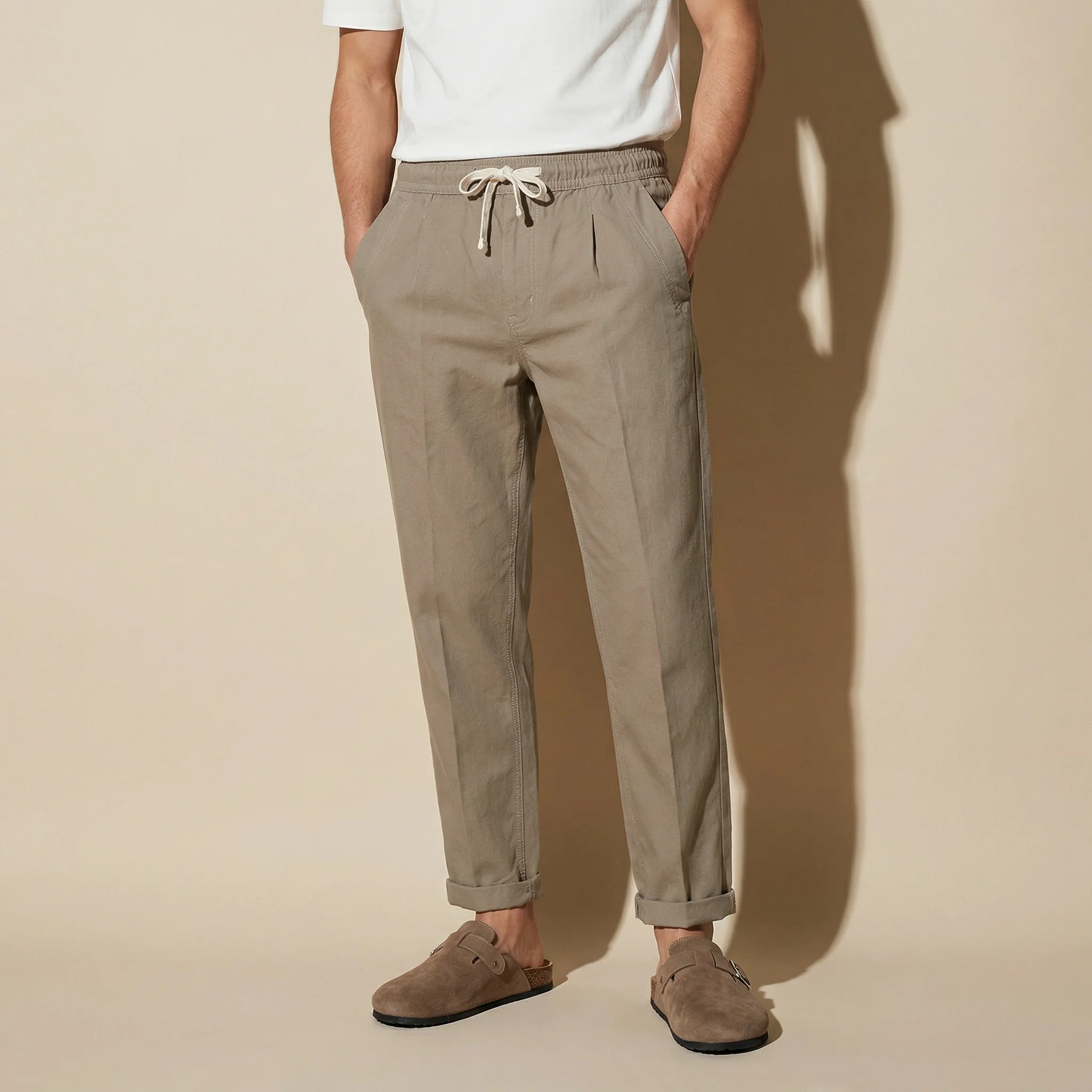Pantaloni jogger in misto lino con tasche - Verde kaki - Image 3