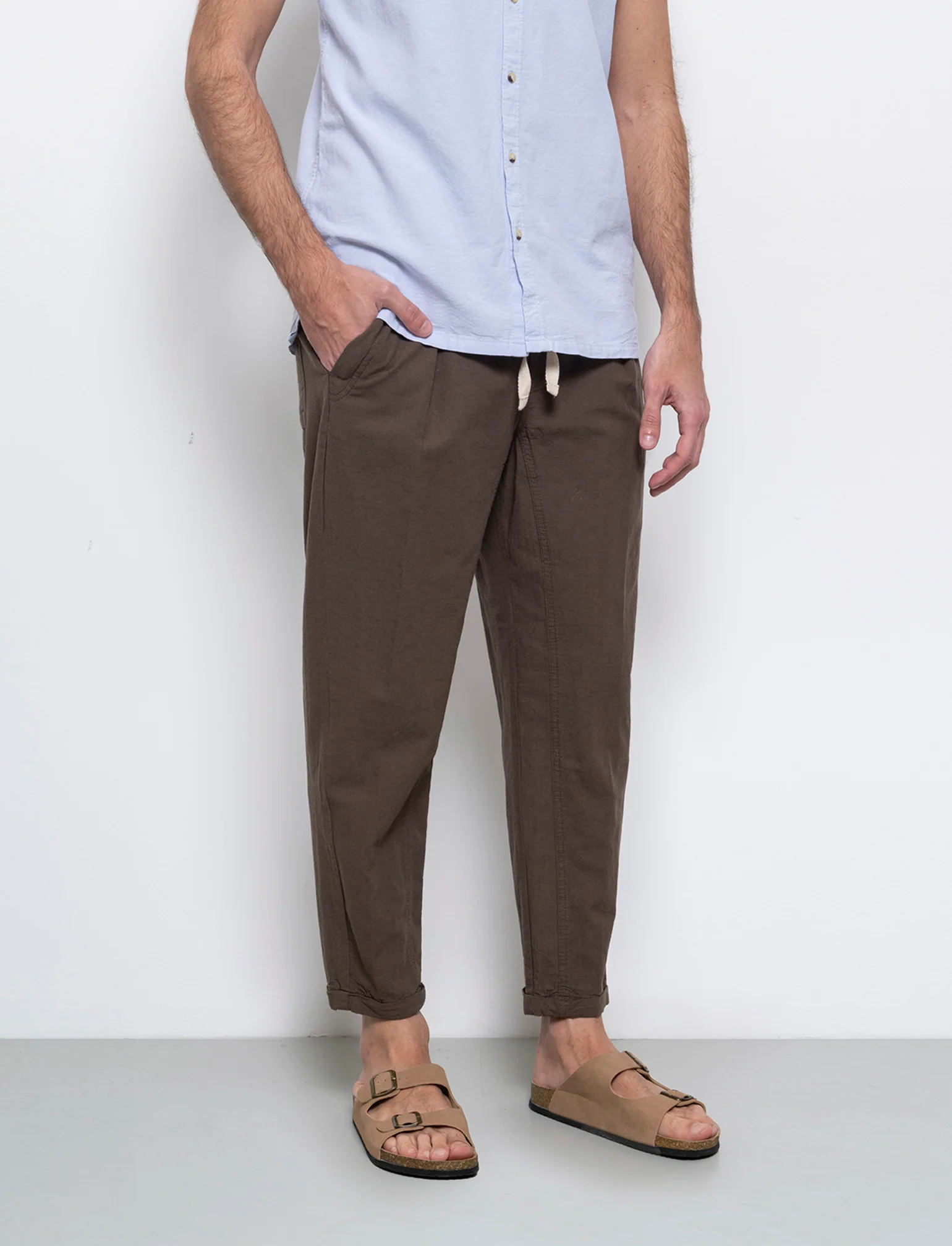 Pantaloni jogger in tessuto misto lino da uomo - Verde kaki