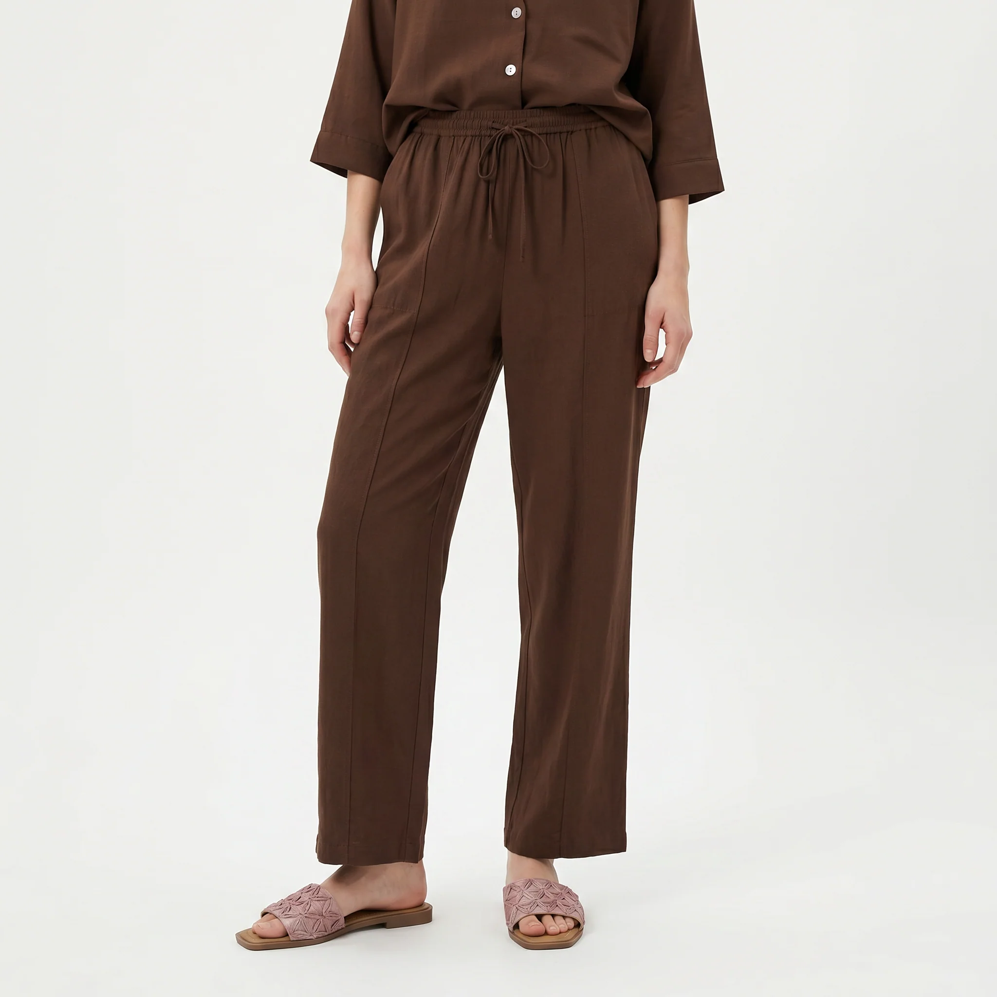 Pantaloni morbidi con coulisse in vita - Marrone tabacco - Image 3