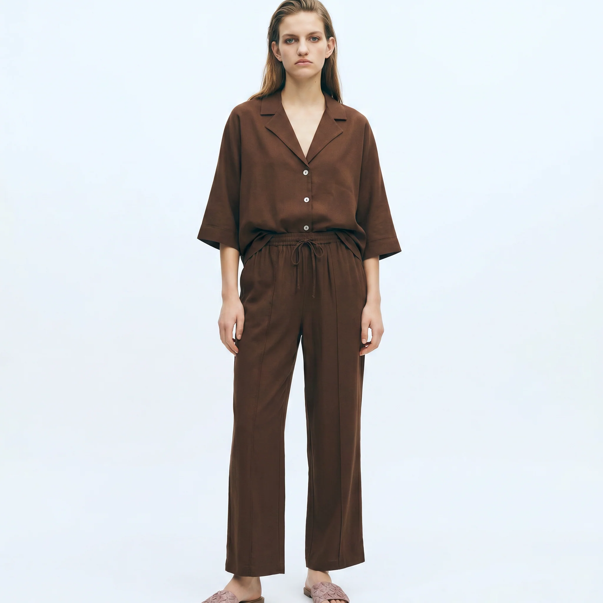 Pantaloni morbidi con coulisse in vita - Marrone tabacco - Image 4