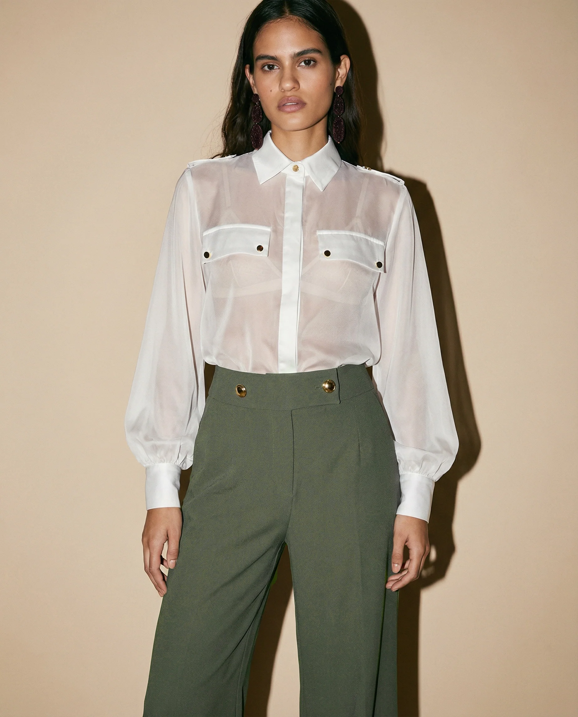 Pantaloni Palazzo con Bottoni in Vita - militare - Image 2