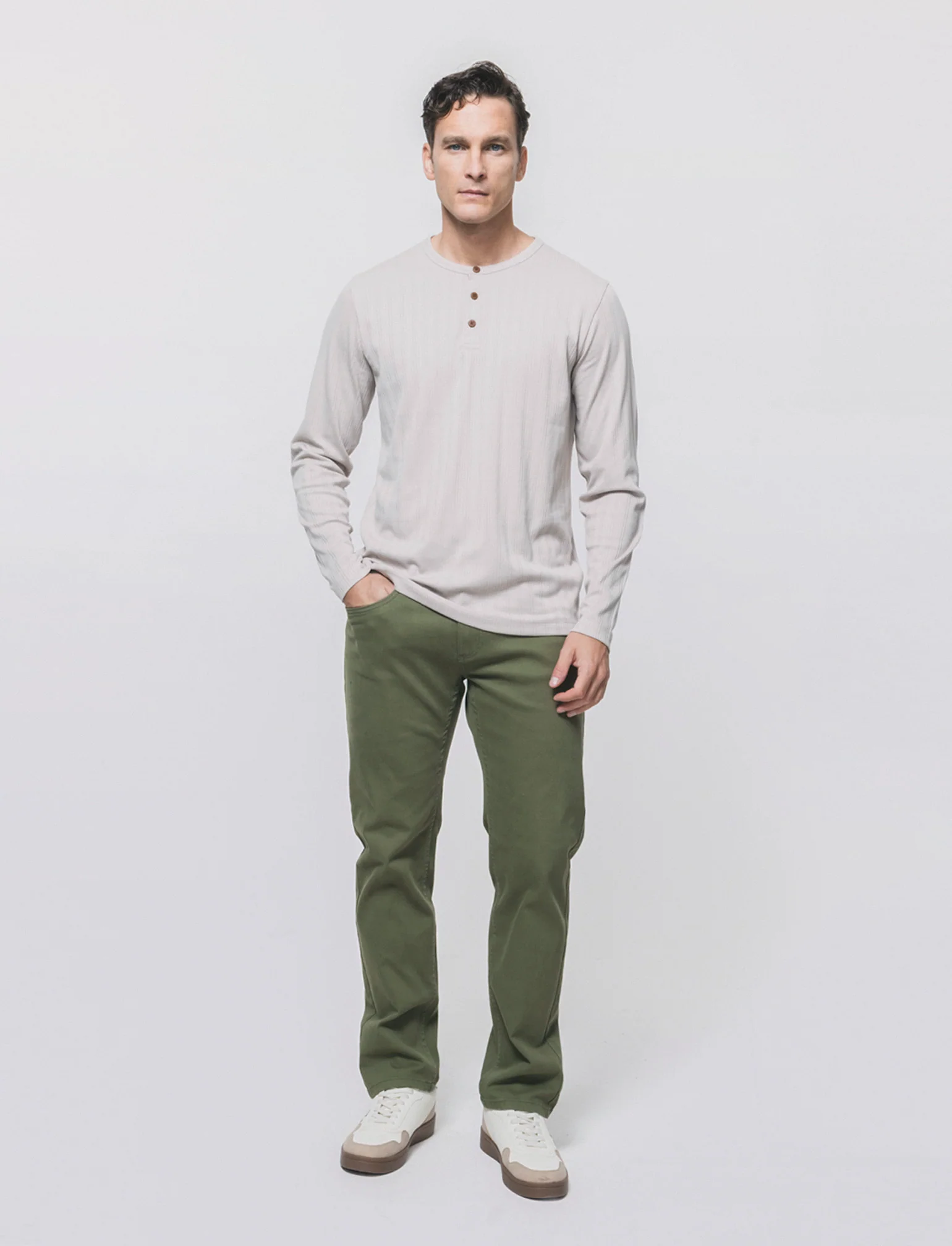 Pantaloni Slim Fit 5 Tasche Effetto Slavato - Verde oliva - Image 3