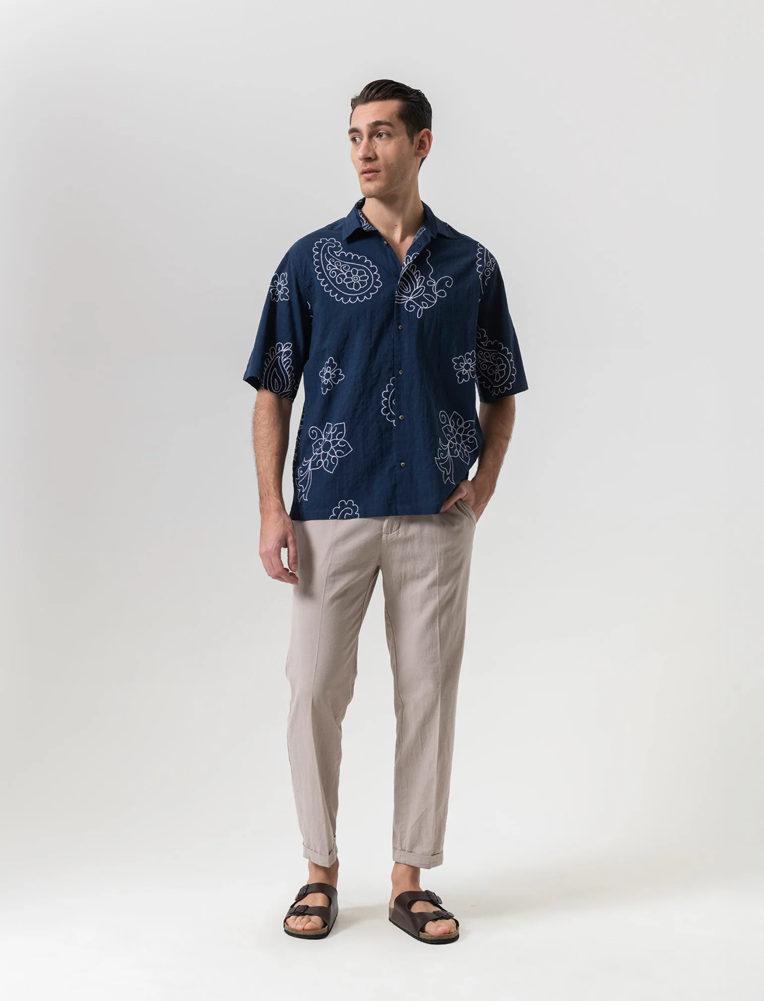 Pantaloni vita jogger misto lino da uomo - Beige - Image 3