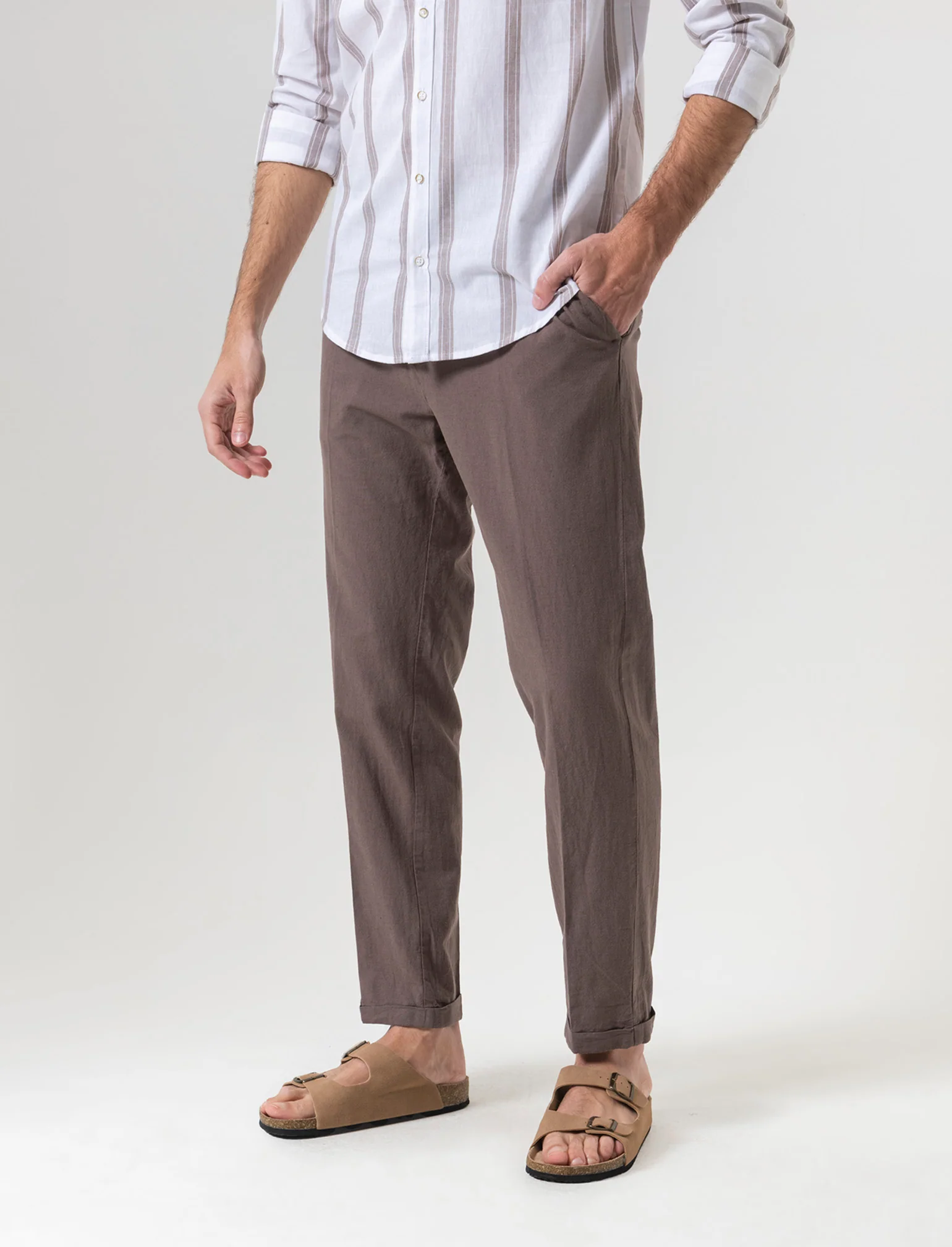 Pantaloni vita jogger misto lino da uomo - Grigio fango - Image 2