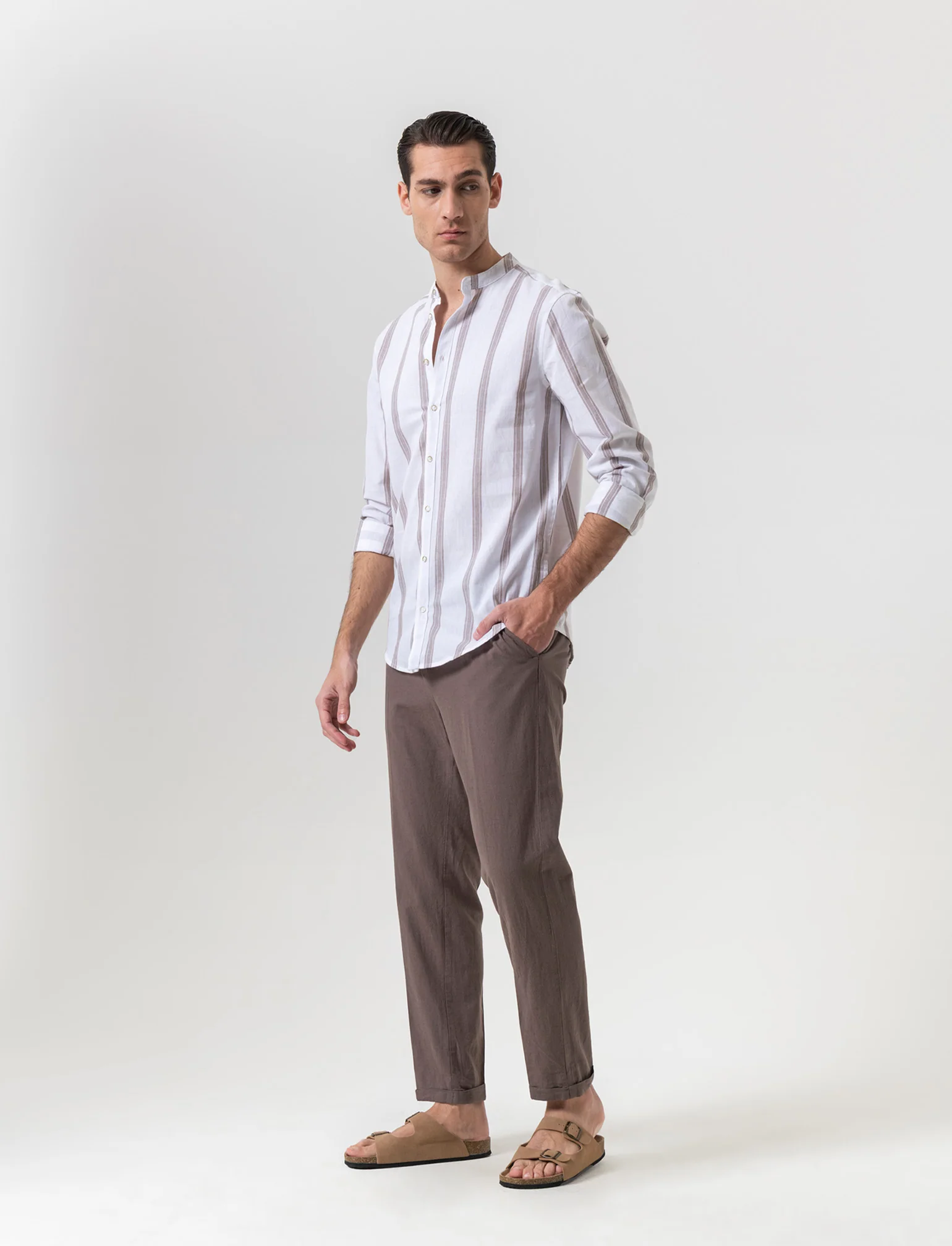 Pantaloni vita jogger misto lino da uomo - Grigio fango - Image 3