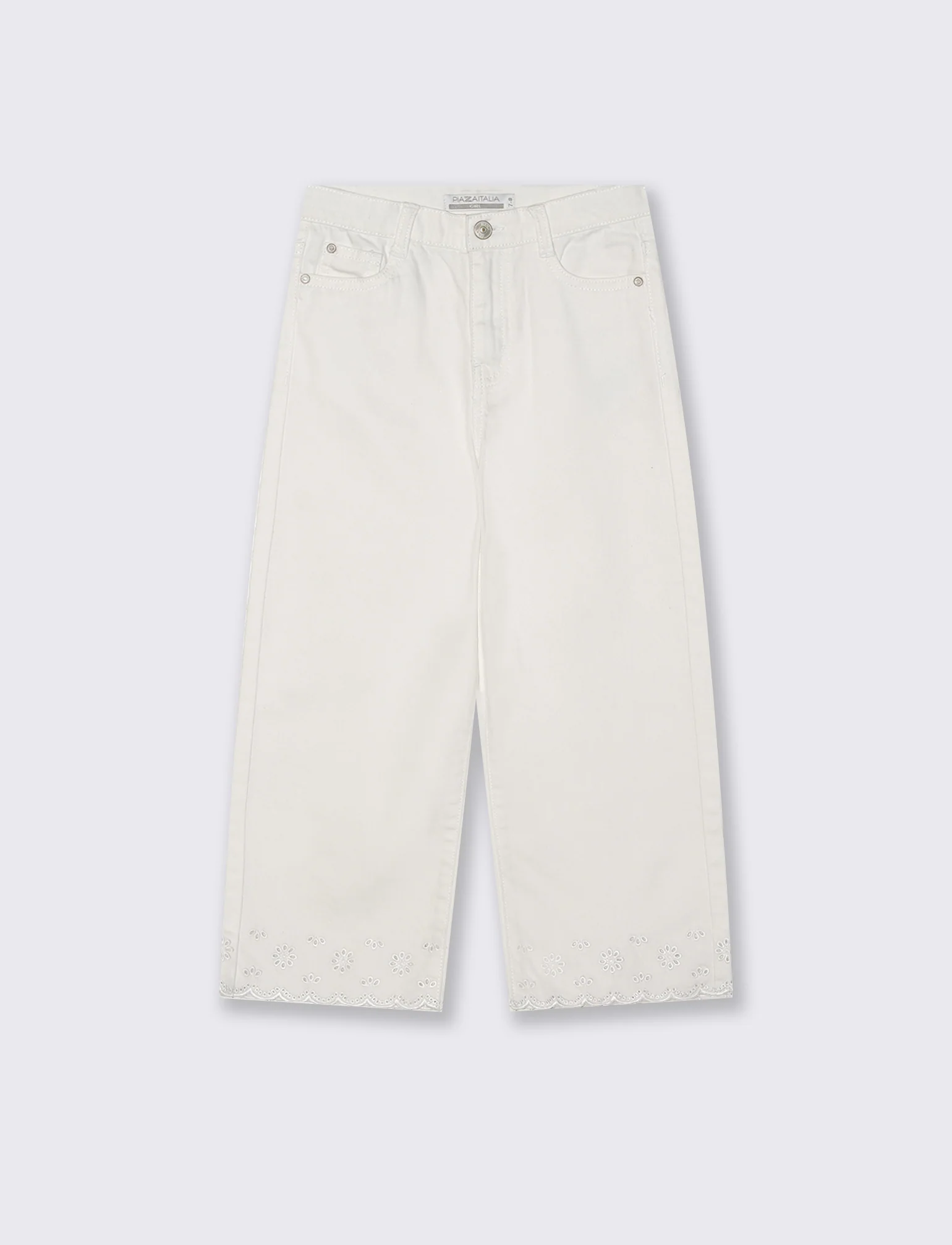 Pantaloni wide leg in twill con ricamo - Bianco latte