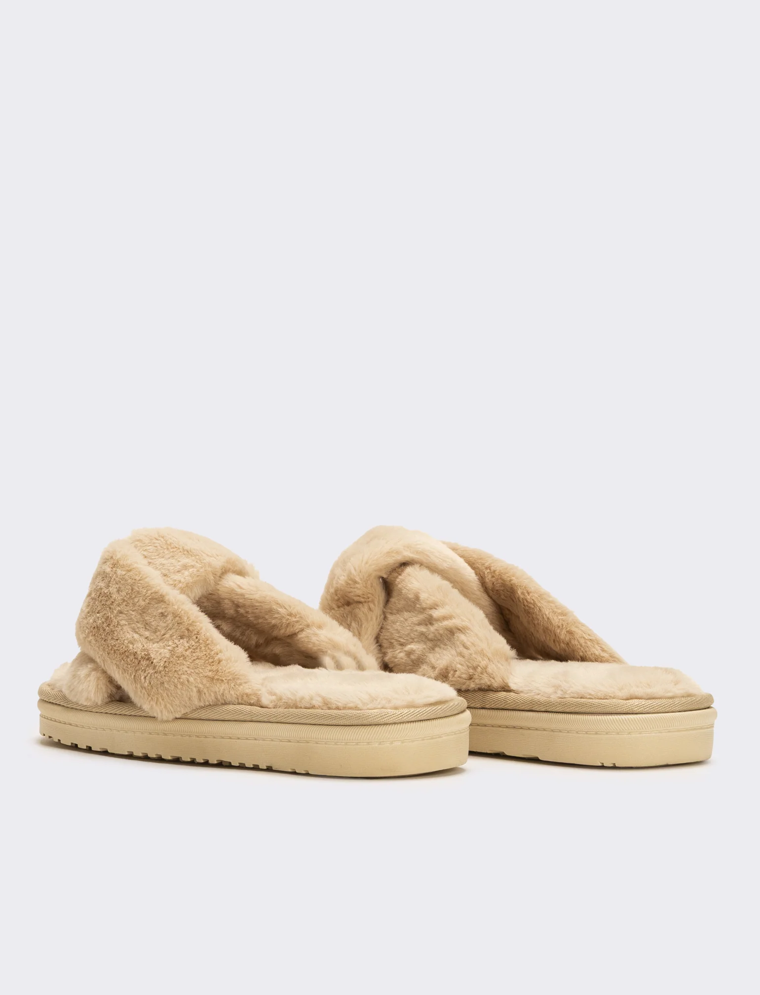 Pantofola aperta effetto furry da donna - Beige - Image 2