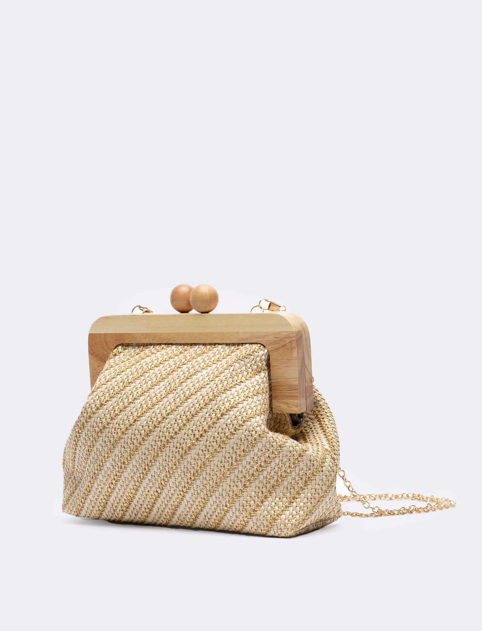 Pochette donna con chiusura in legno e tracolla - Beige - Image 2