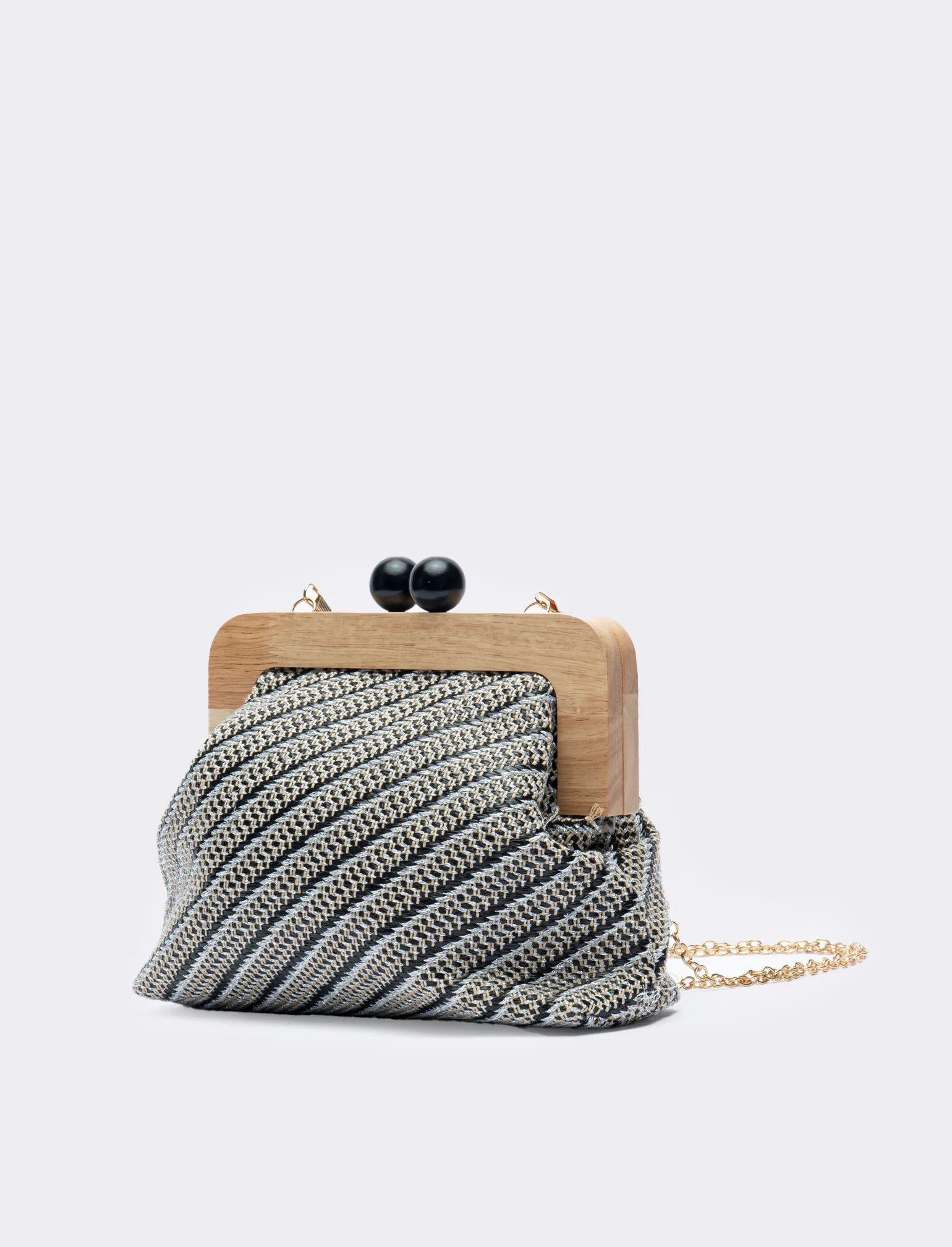 Pochette donna con chiusura in legno e tracolla - Nero - Image 2