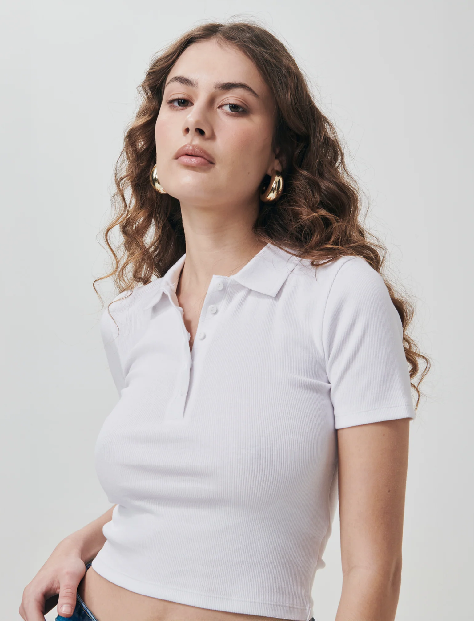 Polo a Coste Crop Mezza Manica - Bianco