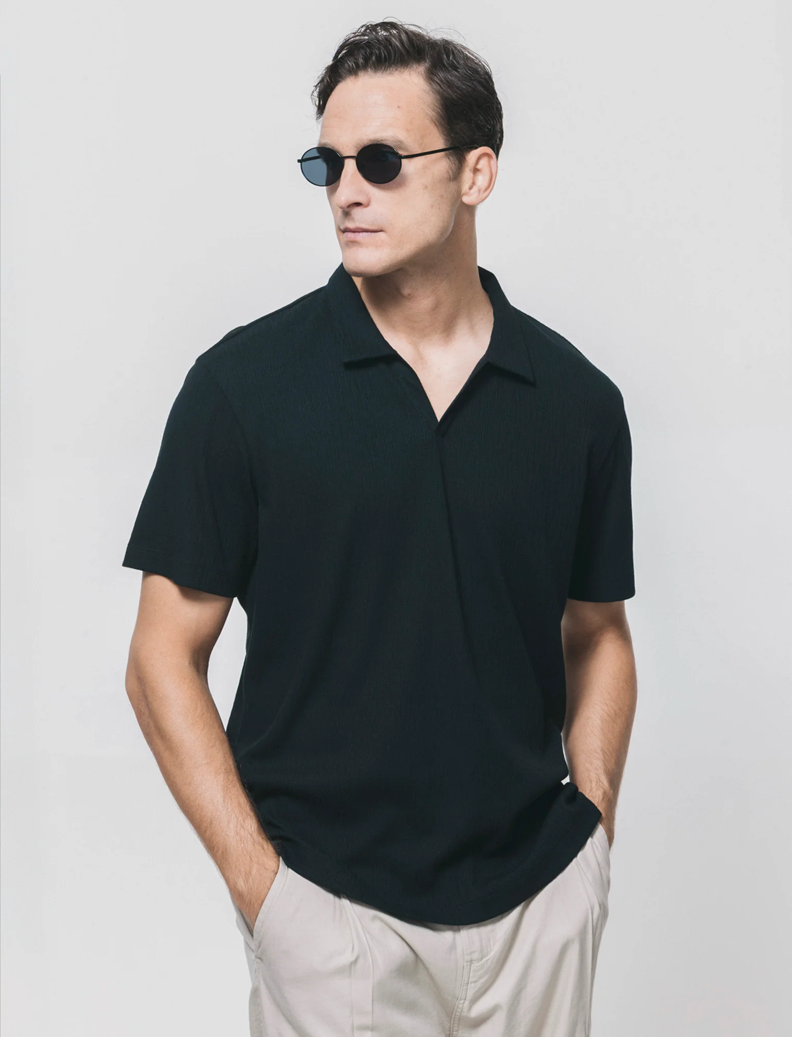 Polo Derby Effetto Maglia a Costine - Nero - Image 3