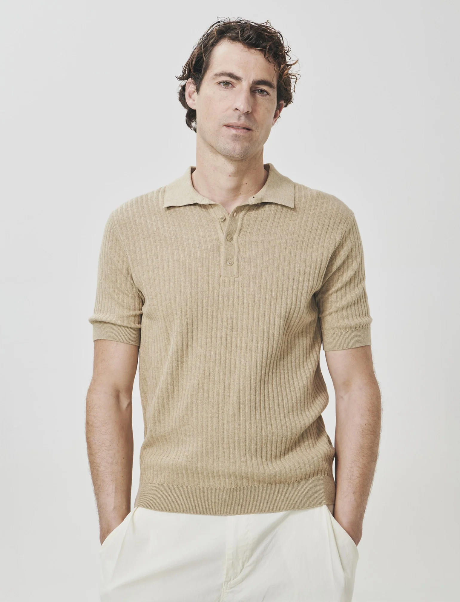 Polo in Maglia di Cotone a Coste - Beige - Image 4