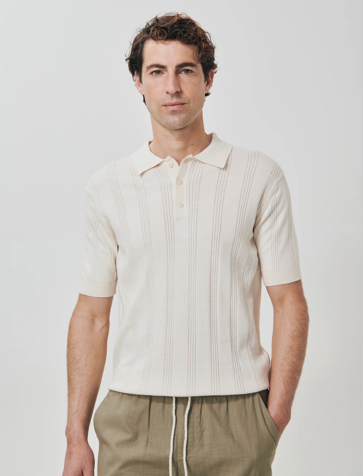 Polo in Maglia Jacquard a Maniche Corte - Beige ecru - Image 3