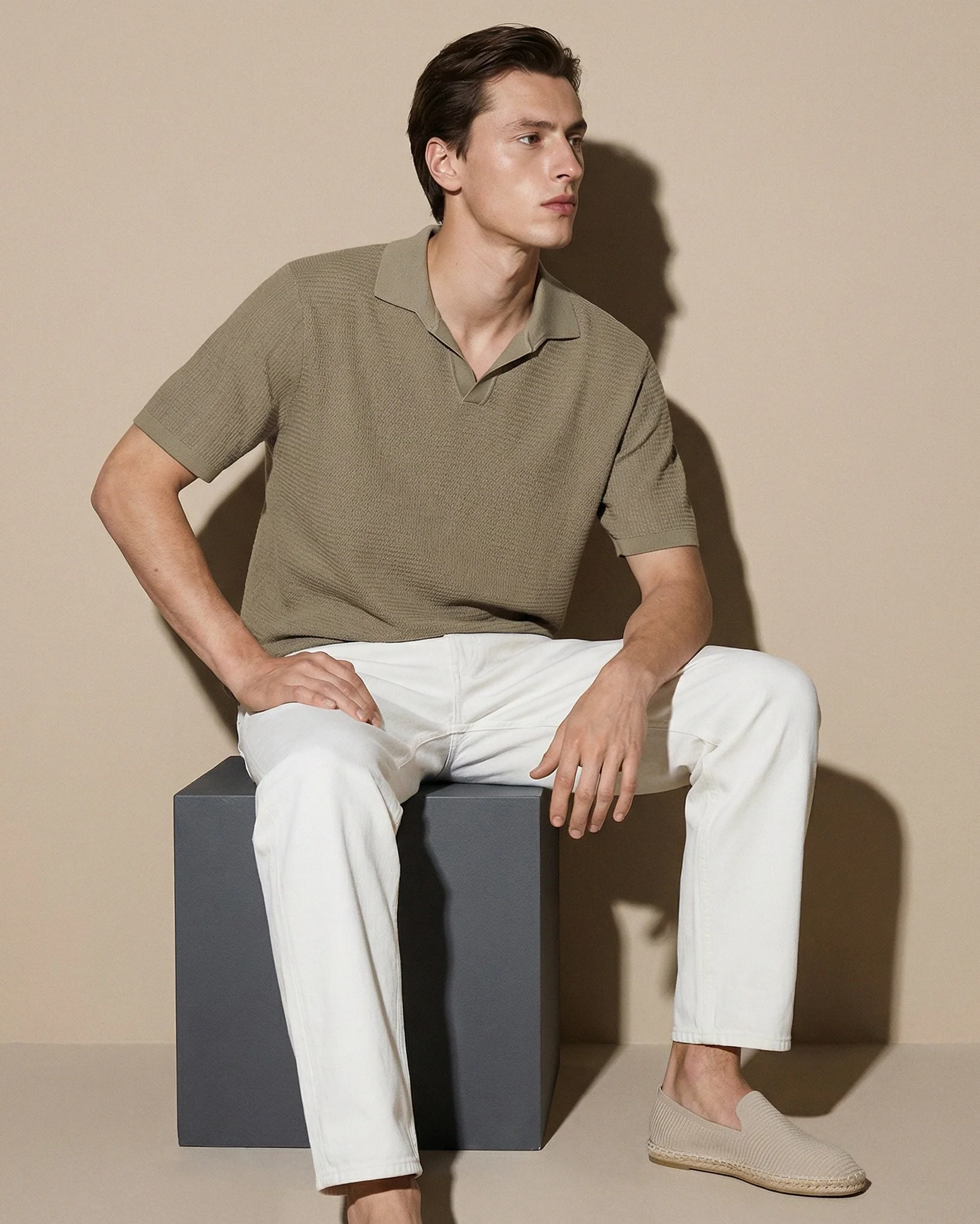 Polo in maglia jacquard misto cotone - Verde kaki - Image 4