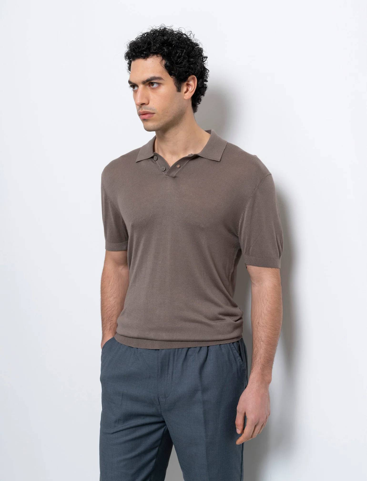 Polo in maglia sottile da uomo - Grigio fango - Image 2