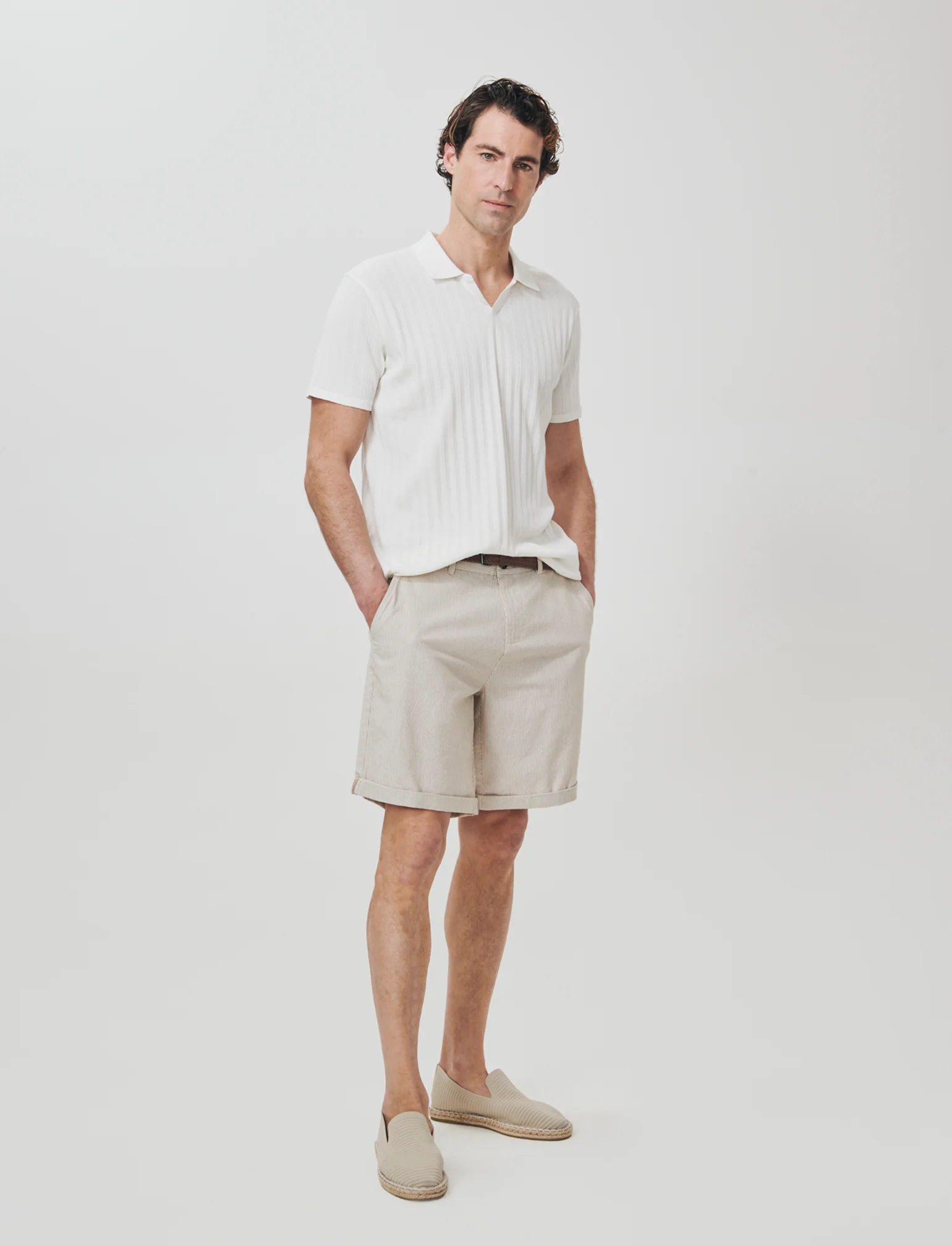Polo Jacquard Effetto Maglia Maniche Corte - Beige ecru