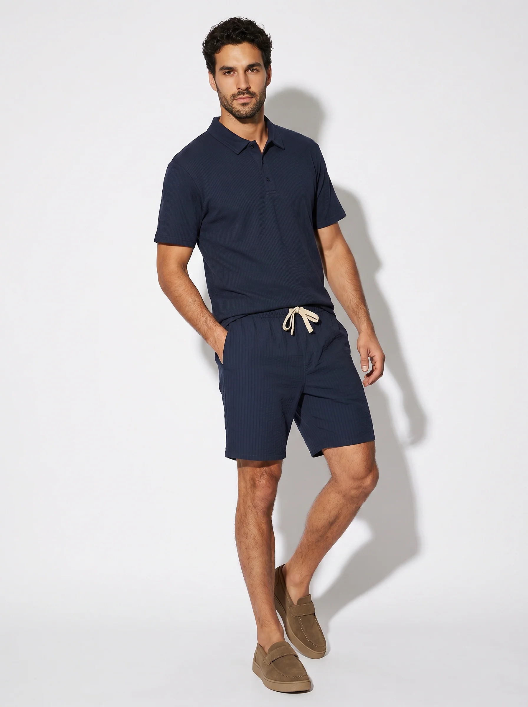 Polo Jacquard Effetto Riga Tono su Tono - Blu - Image 4