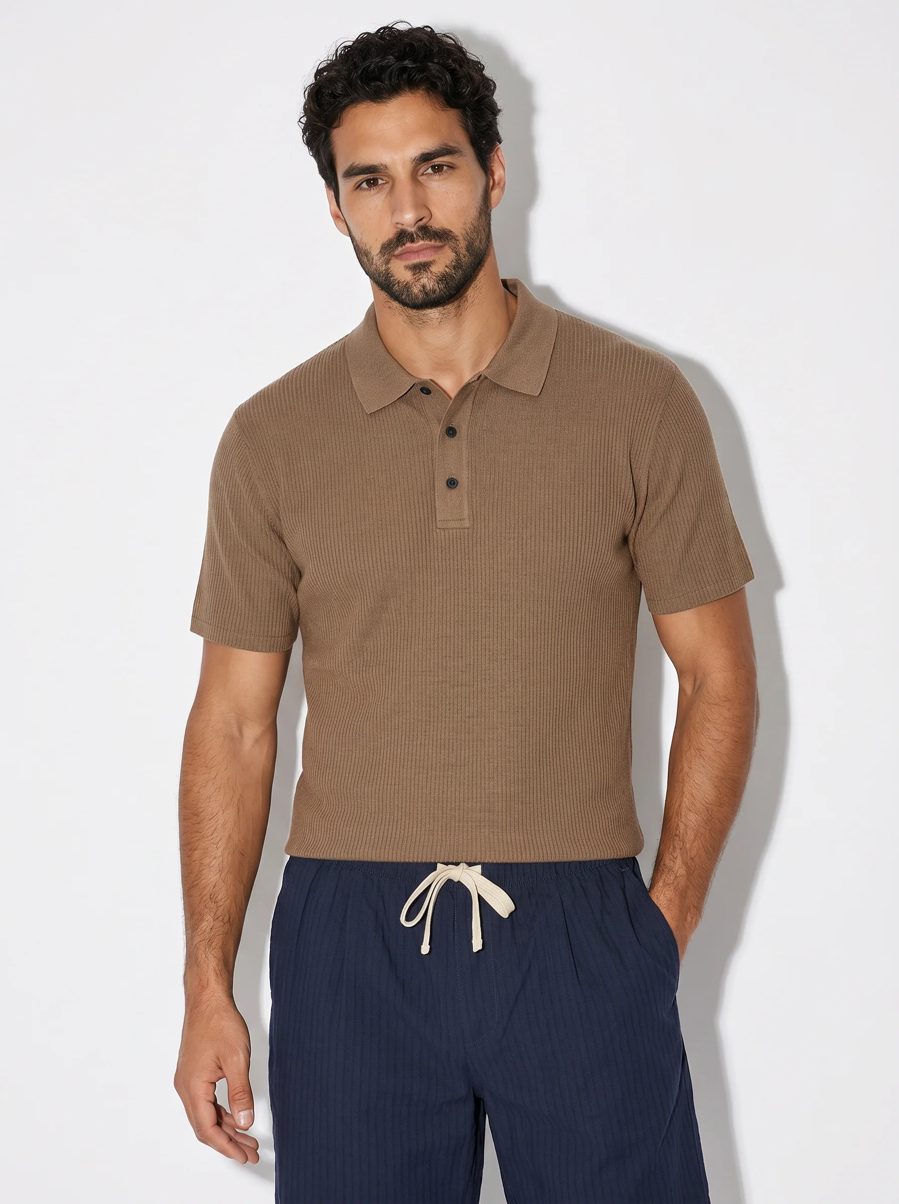 Polo Jacquard Effetto Riga Tono su Tono - Grigio fango - Image 3