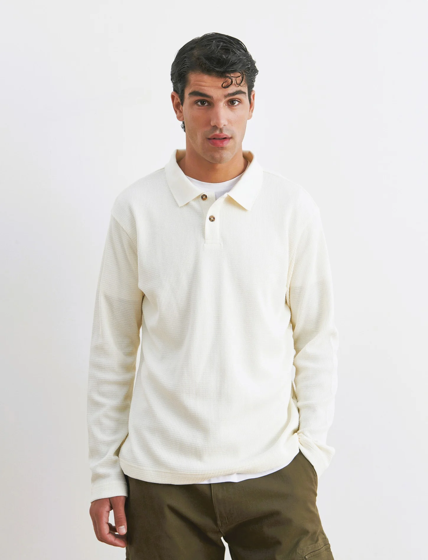 POLO WAFFLE JACQUARD MANICHE LUNGHE - Bianco - Image 3