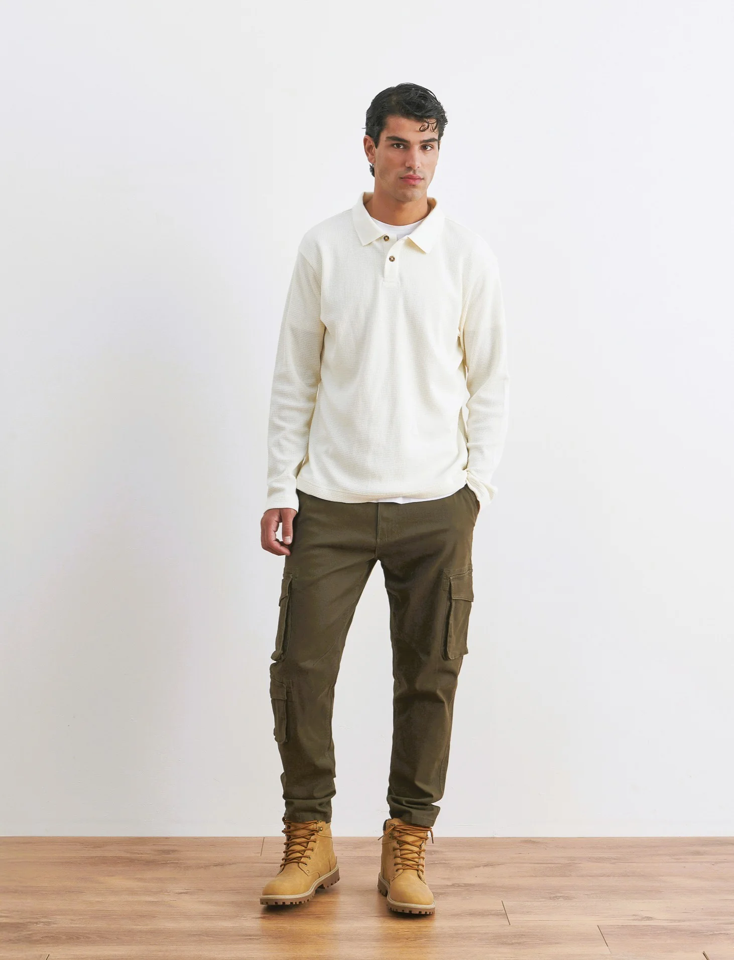 POLO WAFFLE JACQUARD MANICHE LUNGHE - Bianco - Image 4