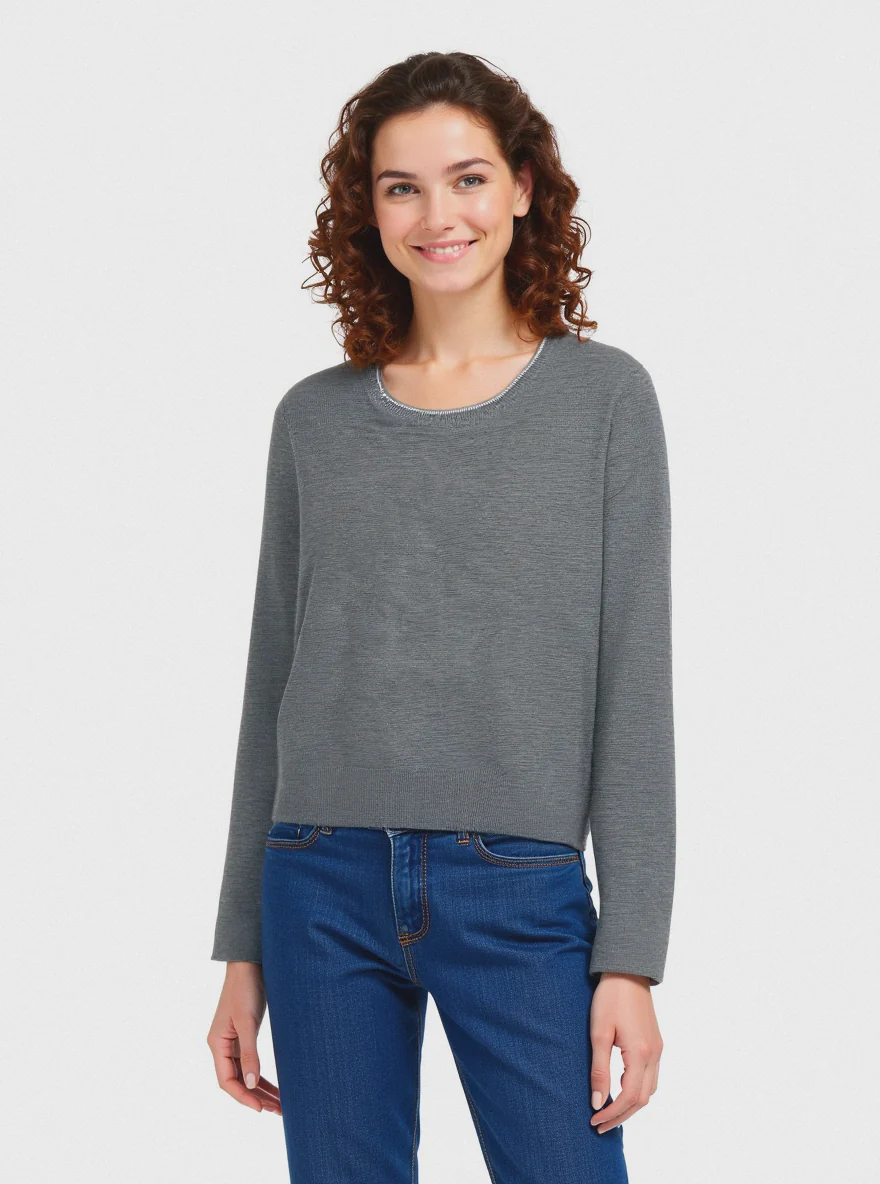 PULLOVER CON BORDINO IN TESSUTO CON FIBRA EFFETTO METALLO - Grigio melange