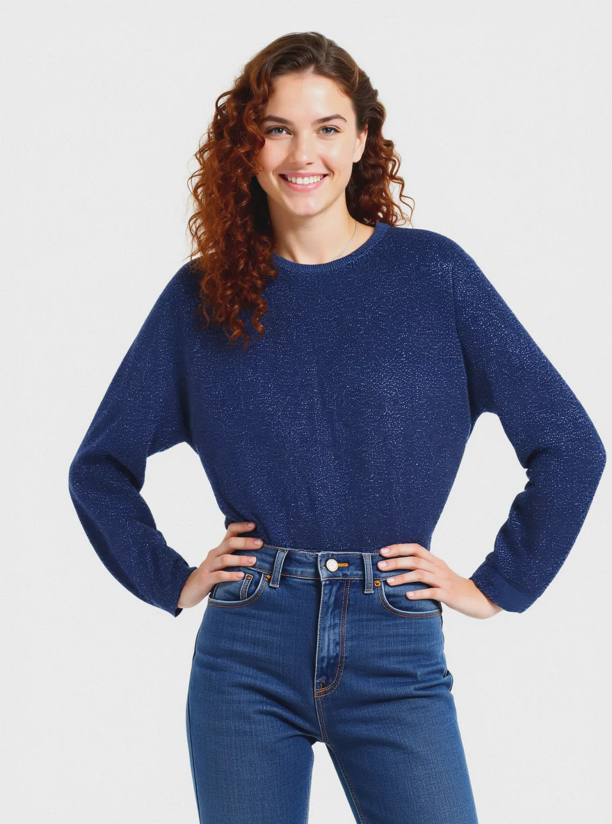 PULLOVER CON TESSUTO CON FIBRA EFFETTO METALLO - Blu scuro