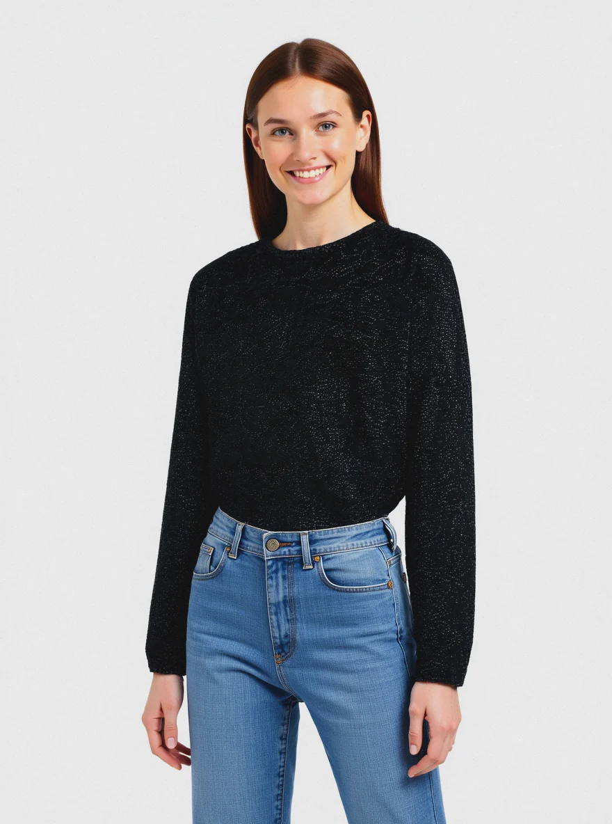 PULLOVER CON TESSUTO CON FIBRA EFFETTO METALLO - Nero
