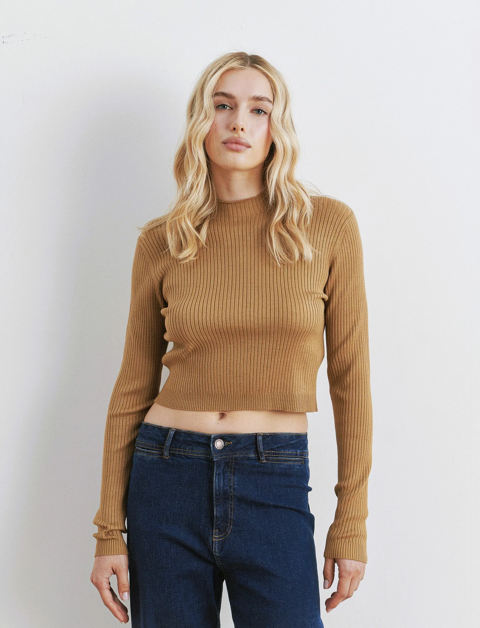 PULLOVER CROP A COSTE - Cammello - Image 3