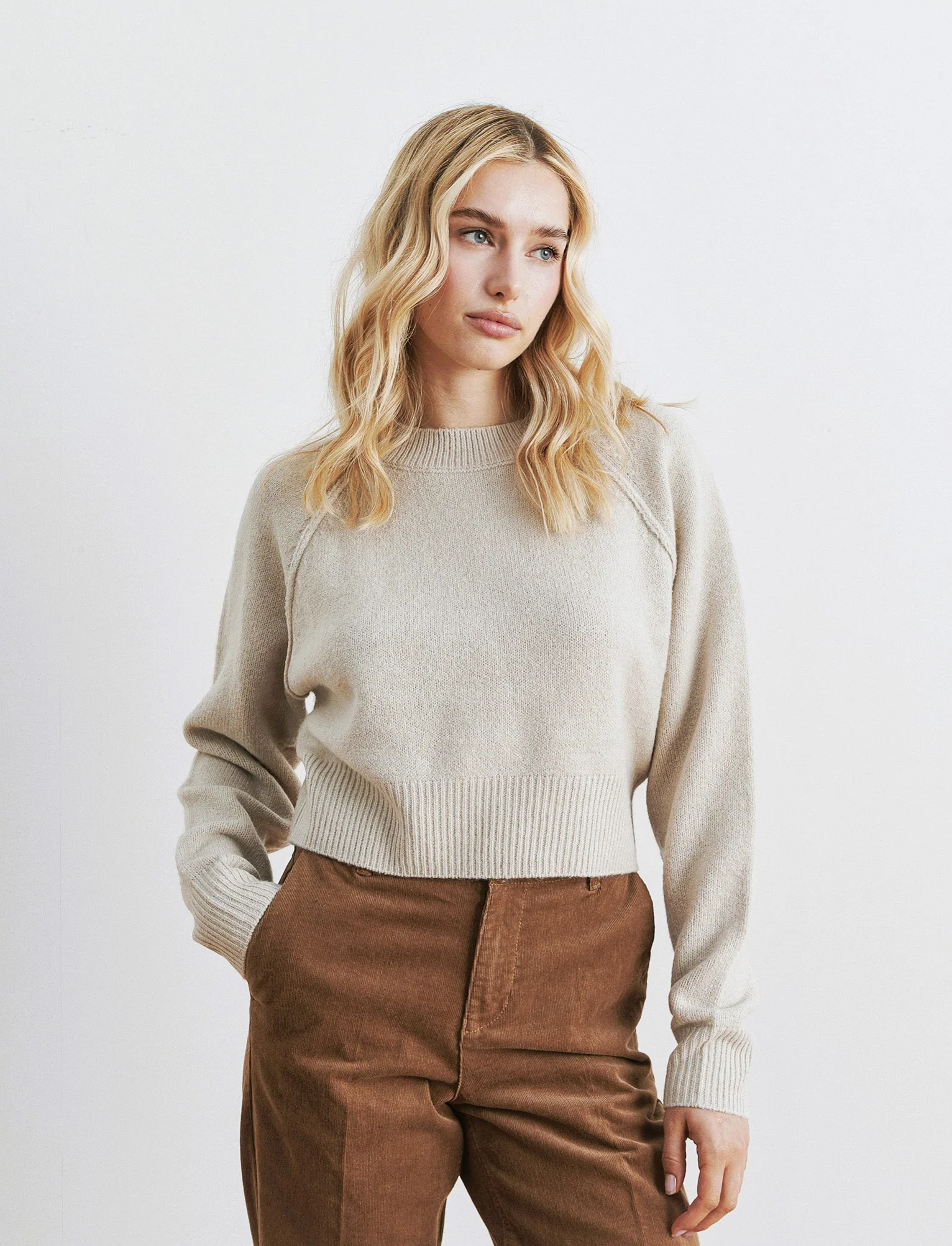 PULLOVER CROP CON CUCITURE IN RILIEVO - Beige grano - Image 3