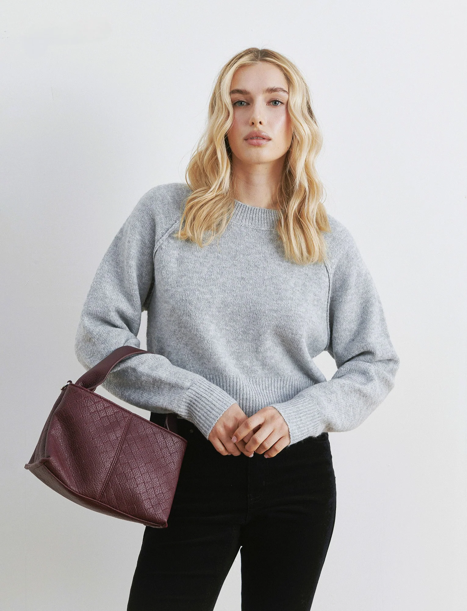PULLOVER CROP CON CUCITURE IN RILIEVO - Grigio chiaro mel. - Image 3